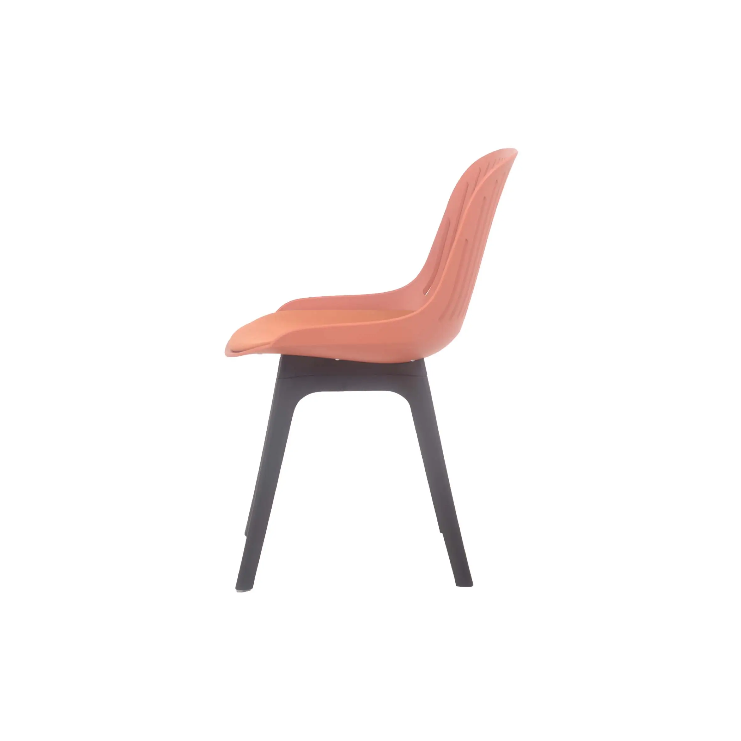 Bright, modern café interior with orange chairs and tables. Large windows, plants, and hanging lights create a fresh, vibrant atmosphere.