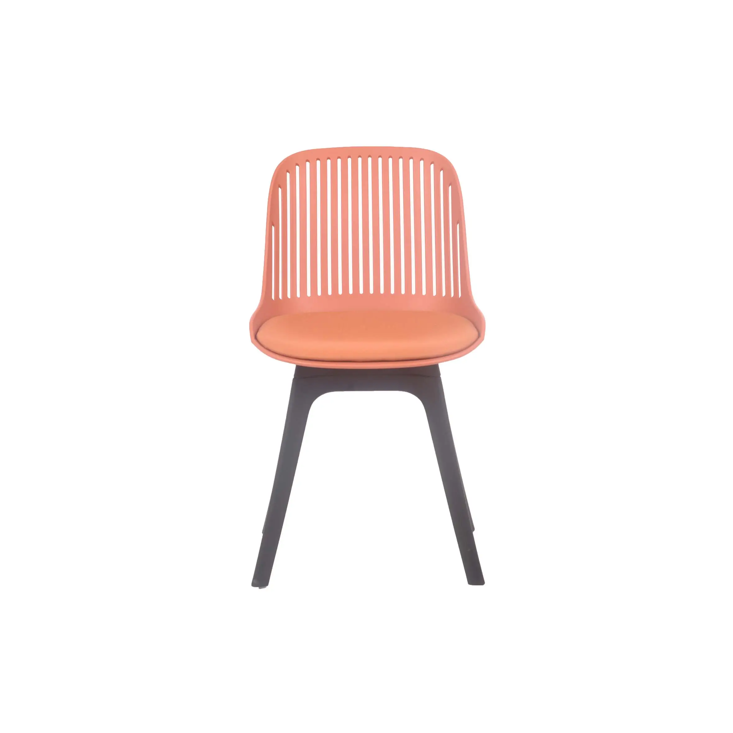 Bright, modern café interior with orange chairs and tables. Large windows, plants, and hanging lights create a fresh, vibrant atmosphere.