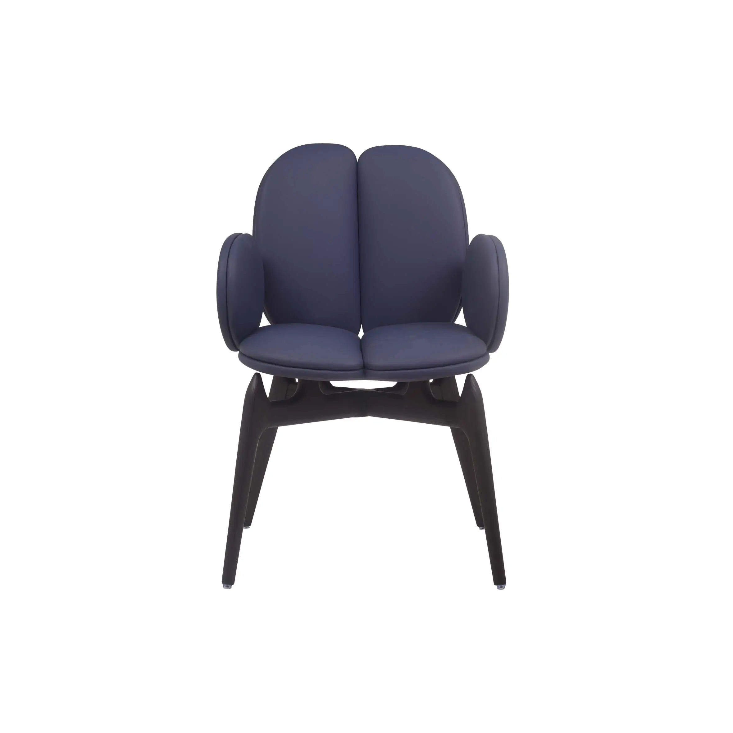 Modern office space with blue chairs, abstract wall art, and large windows. Potted plants and sleek design create a fresh, inviting atmosphere.