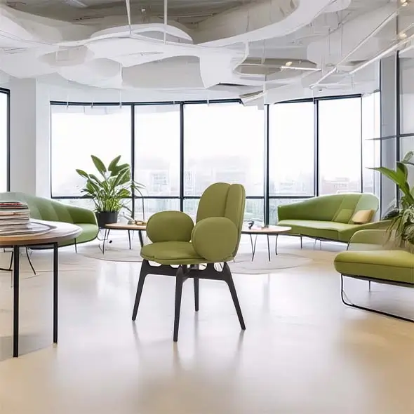 Modern office lounge with green chairs and sofas, large windows, and plants. The bright, open space conveys a calm, inviting atmosphere.
