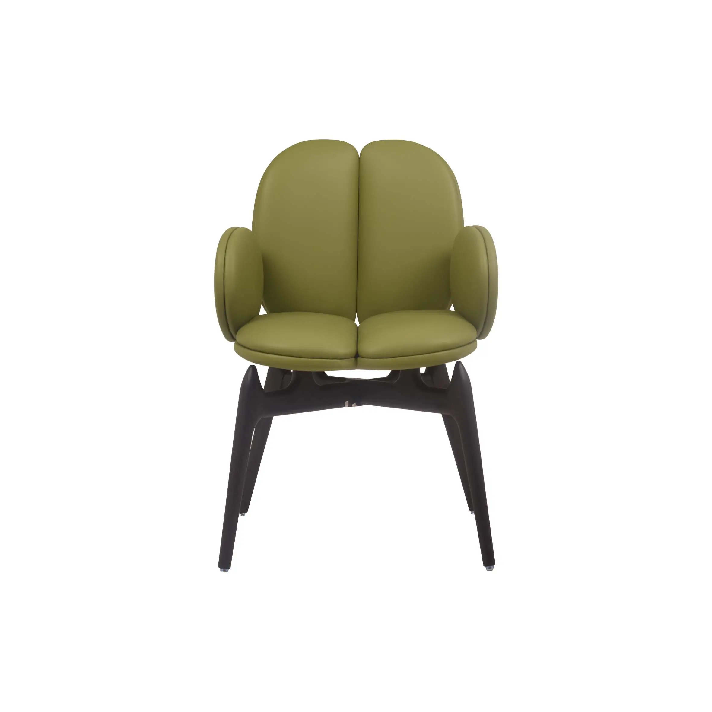 Modern office lounge with green chairs and sofas, large windows, and plants. The bright, open space conveys a calm, inviting atmosphere.