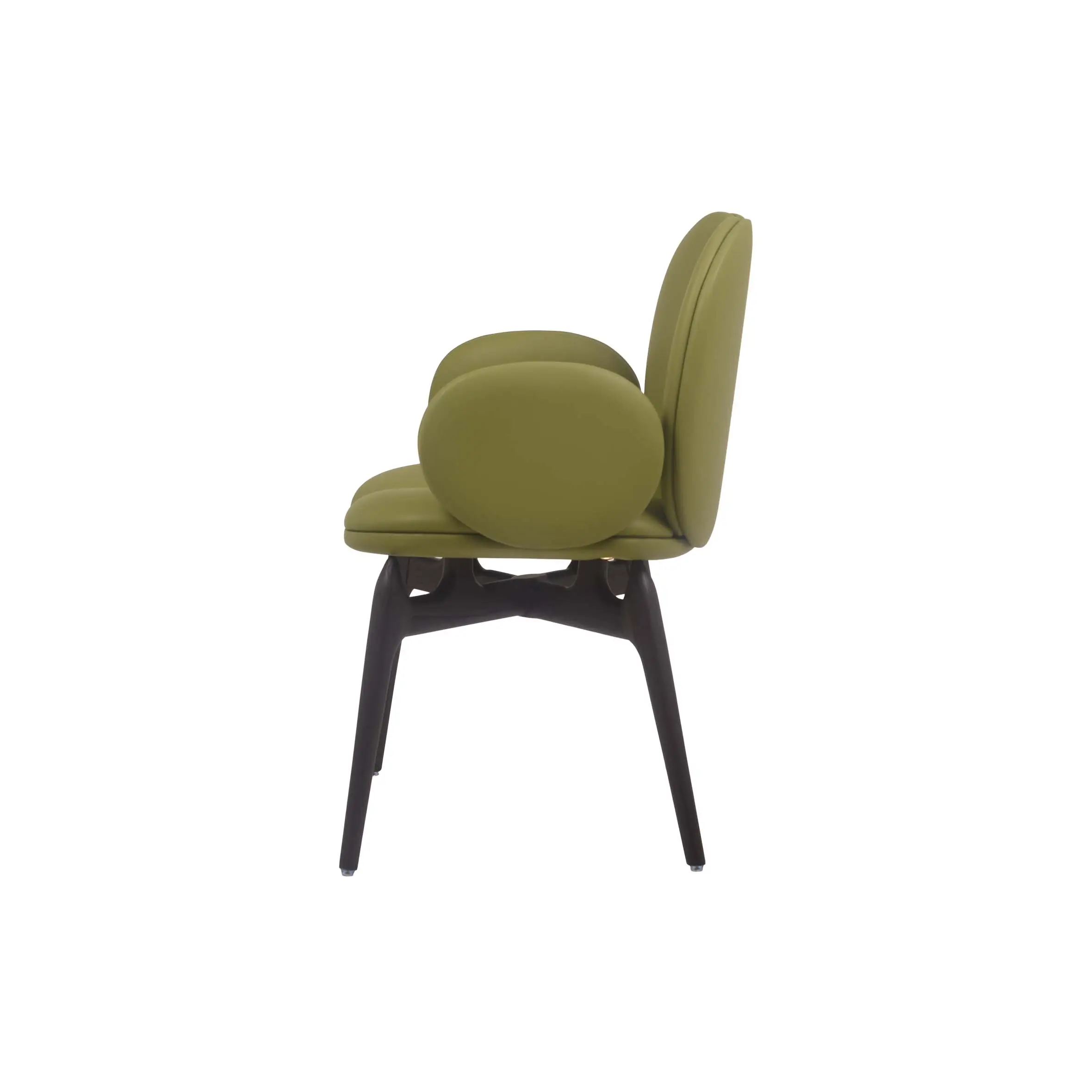 Modern office lounge with green chairs and sofas, large windows, and plants. The bright, open space conveys a calm, inviting atmosphere.