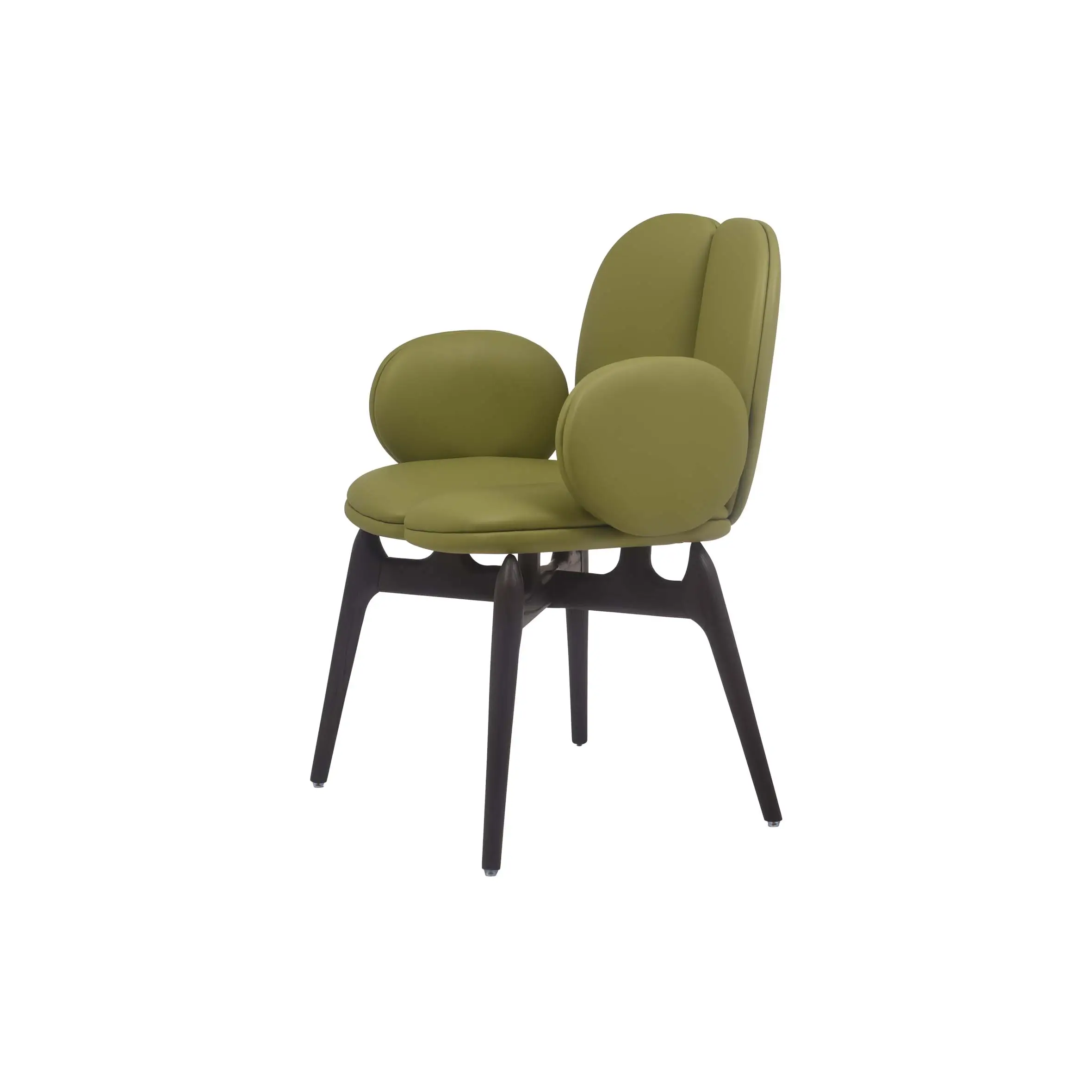 Modern office lounge with green chairs and sofas, large windows, and plants. The bright, open space conveys a calm, inviting atmosphere.