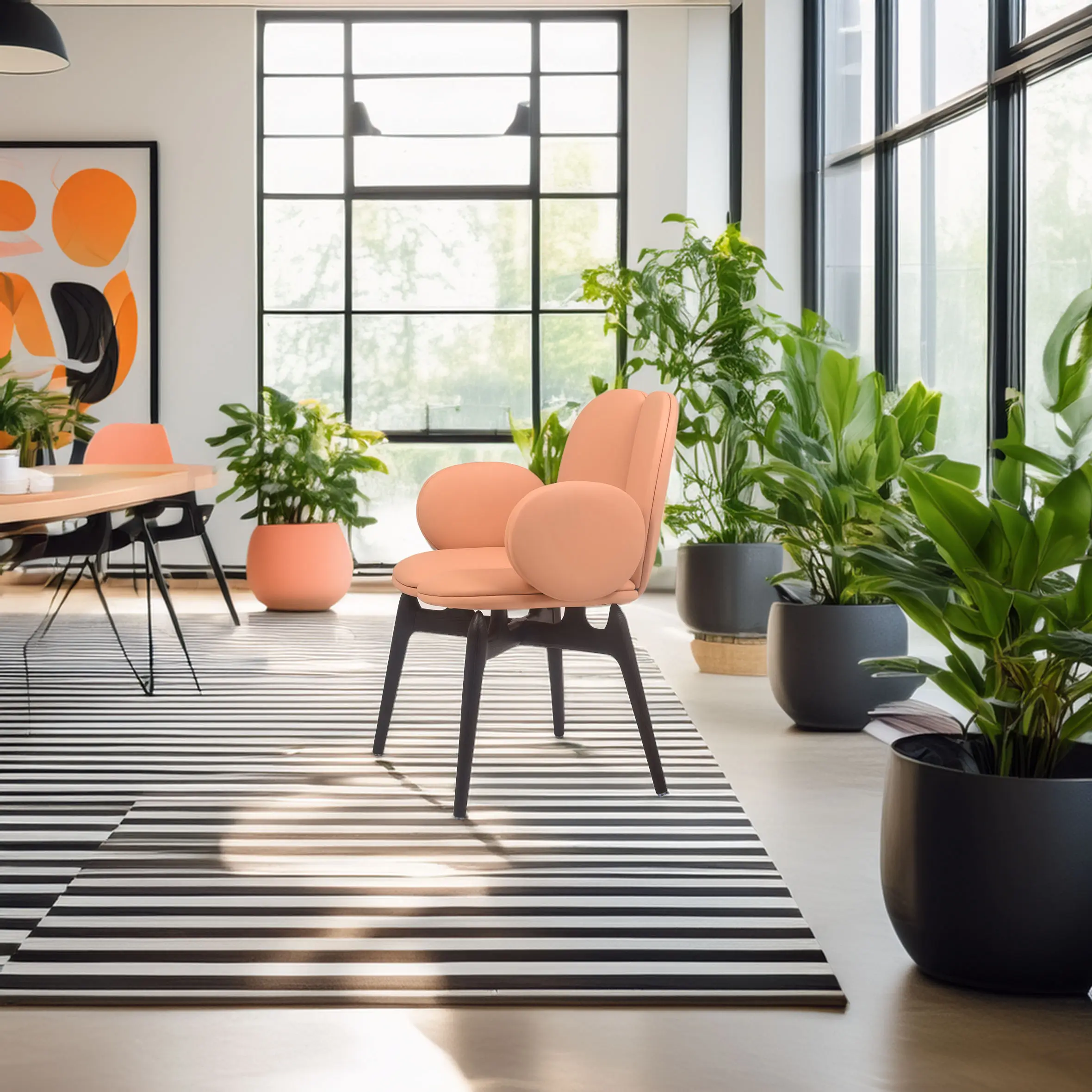 Modern room with peach chair on black-and-white striped rug. Large windows and vibrant green plants create a fresh, inviting atmosphere.