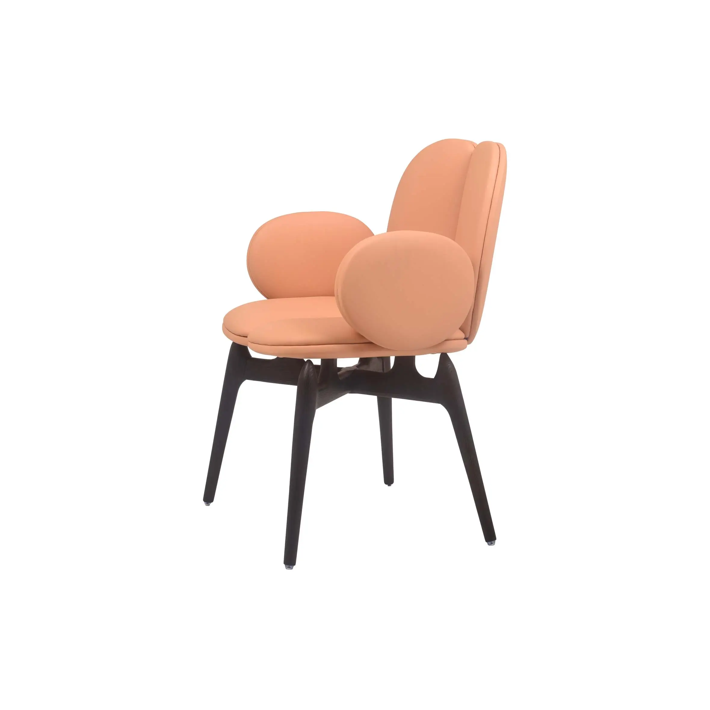 Modern room with peach chair on black-and-white striped rug. Large windows and vibrant green plants create a fresh, inviting atmosphere.