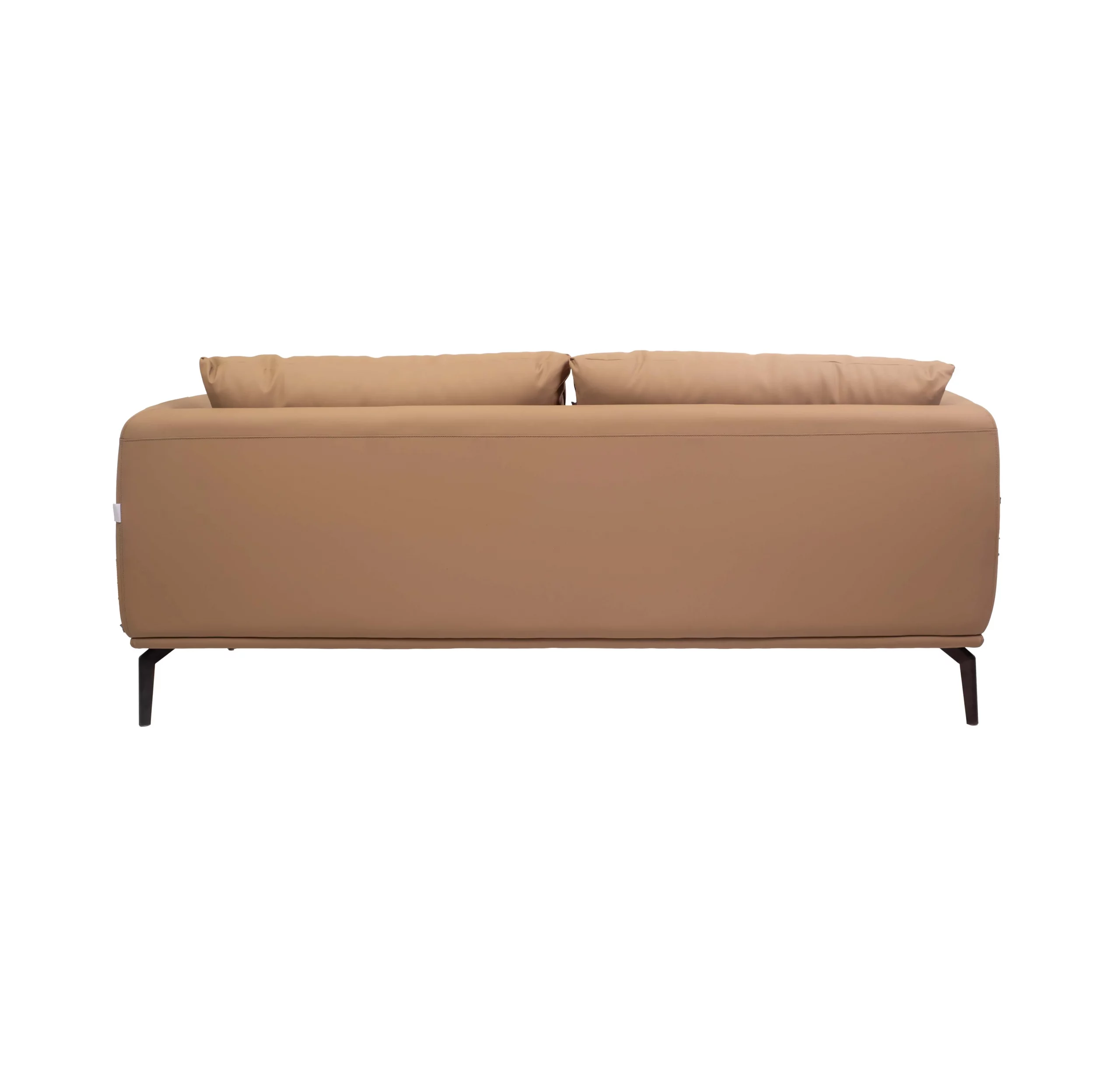 A modern, minimalist living room with a beige sofa in front of a wooden slatted wall. A textured rug is on the floor, and a green plant is beside the sofa.