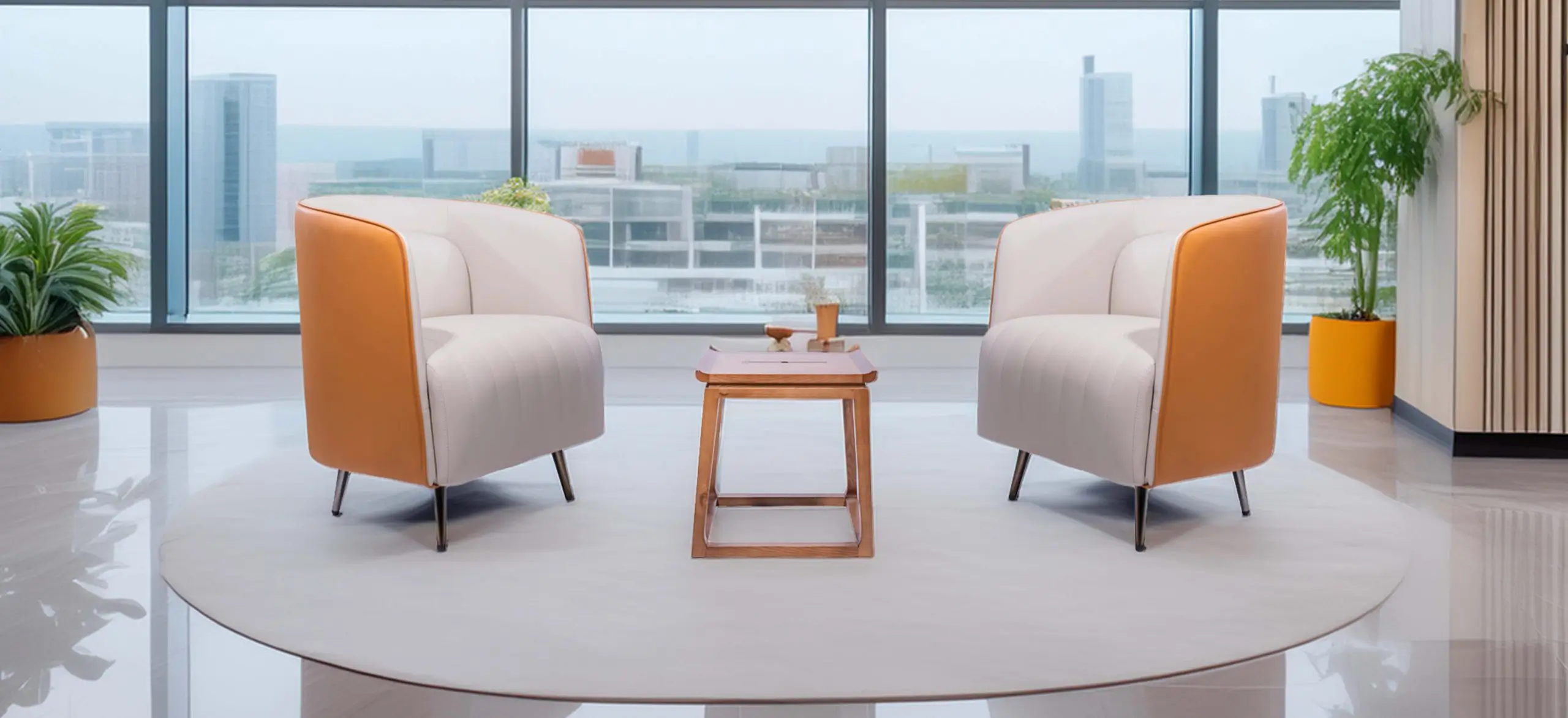 Two modern, orange and white armchairs face each other in a bright office with large windows.