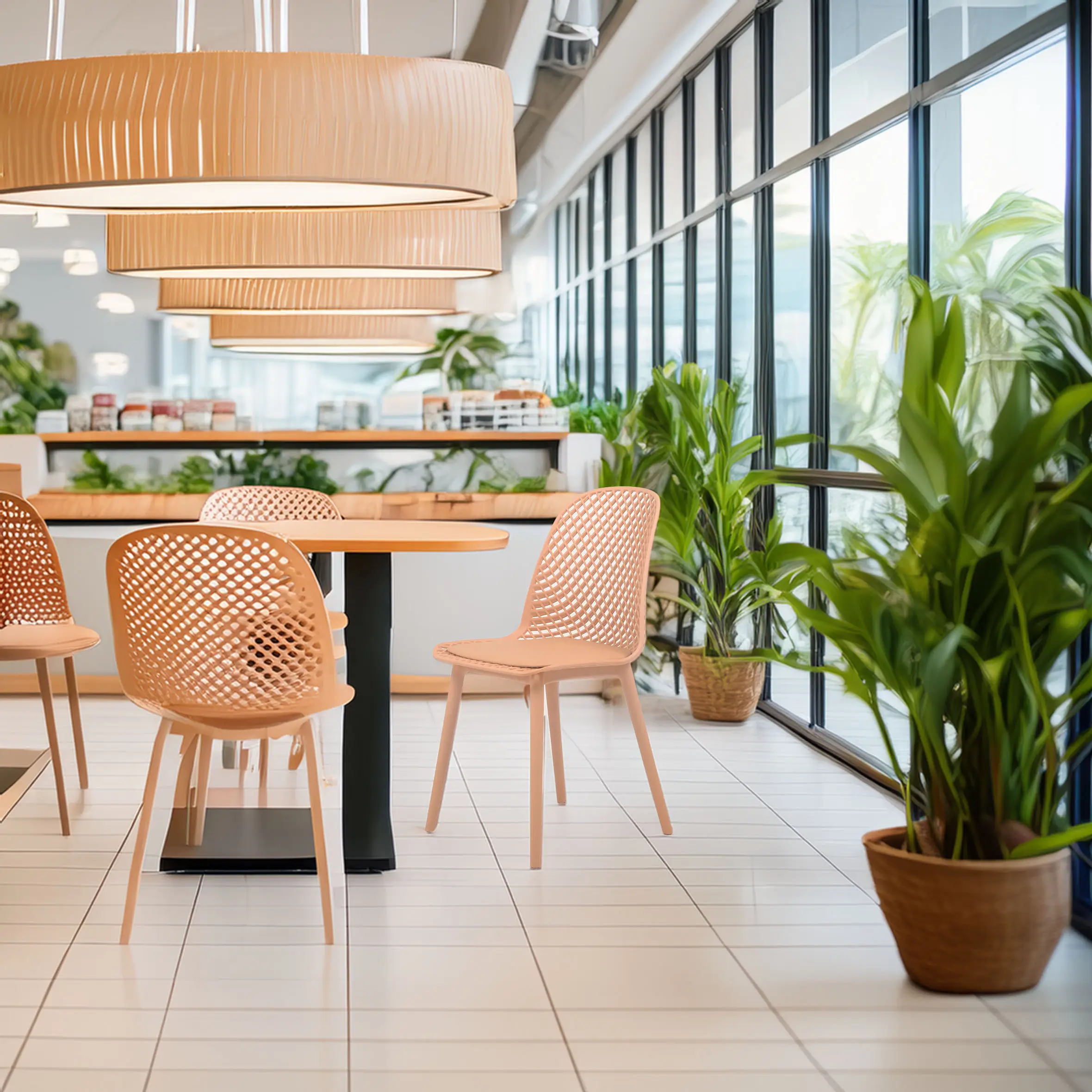 Modern cafe interior with peach-colored, perforated chairs around a table. Large, round pendant lights hang above. Numerous potted plants line the tall windows, creating a fresh and airy atmosphere.