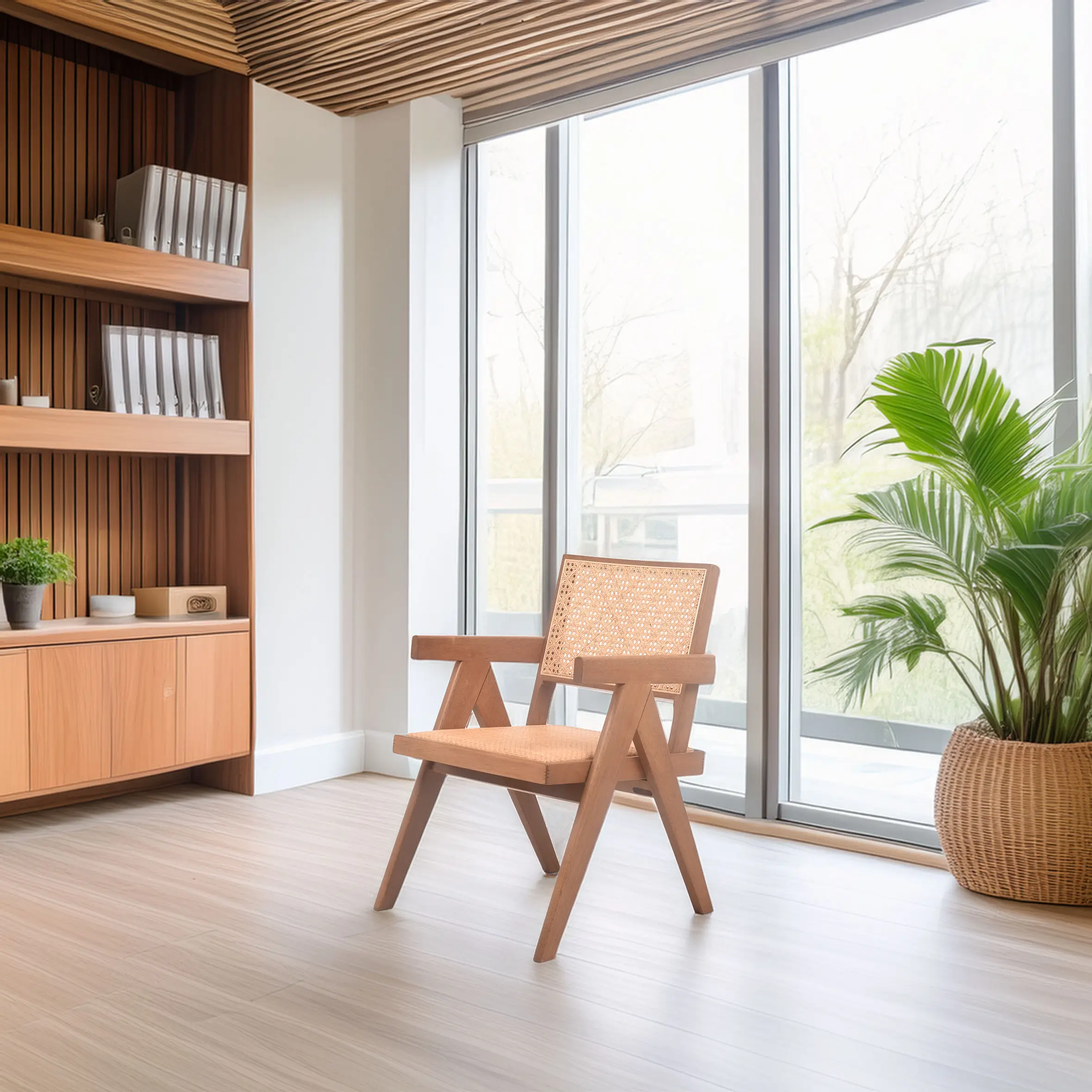 A minimalist room features a wooden chair with woven rattan details beside large windows. Nearby, a lush potted plant adds greenery. The space feels serene.