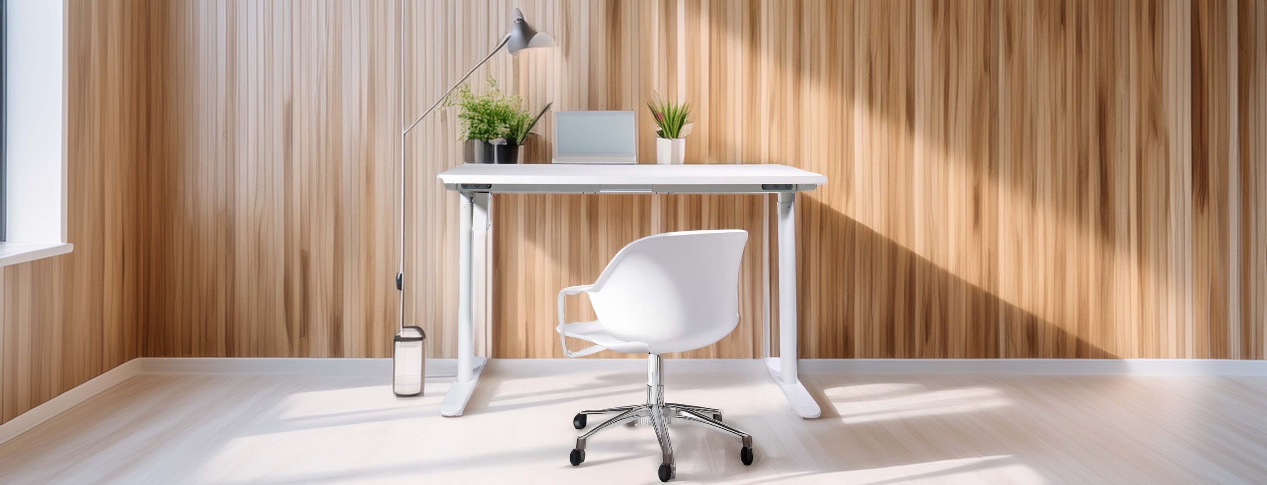 Stylish office setup with a white desk and chair against a wood-paneled wall. A lamp, plant, and laptop add a modern, minimalistic touch.