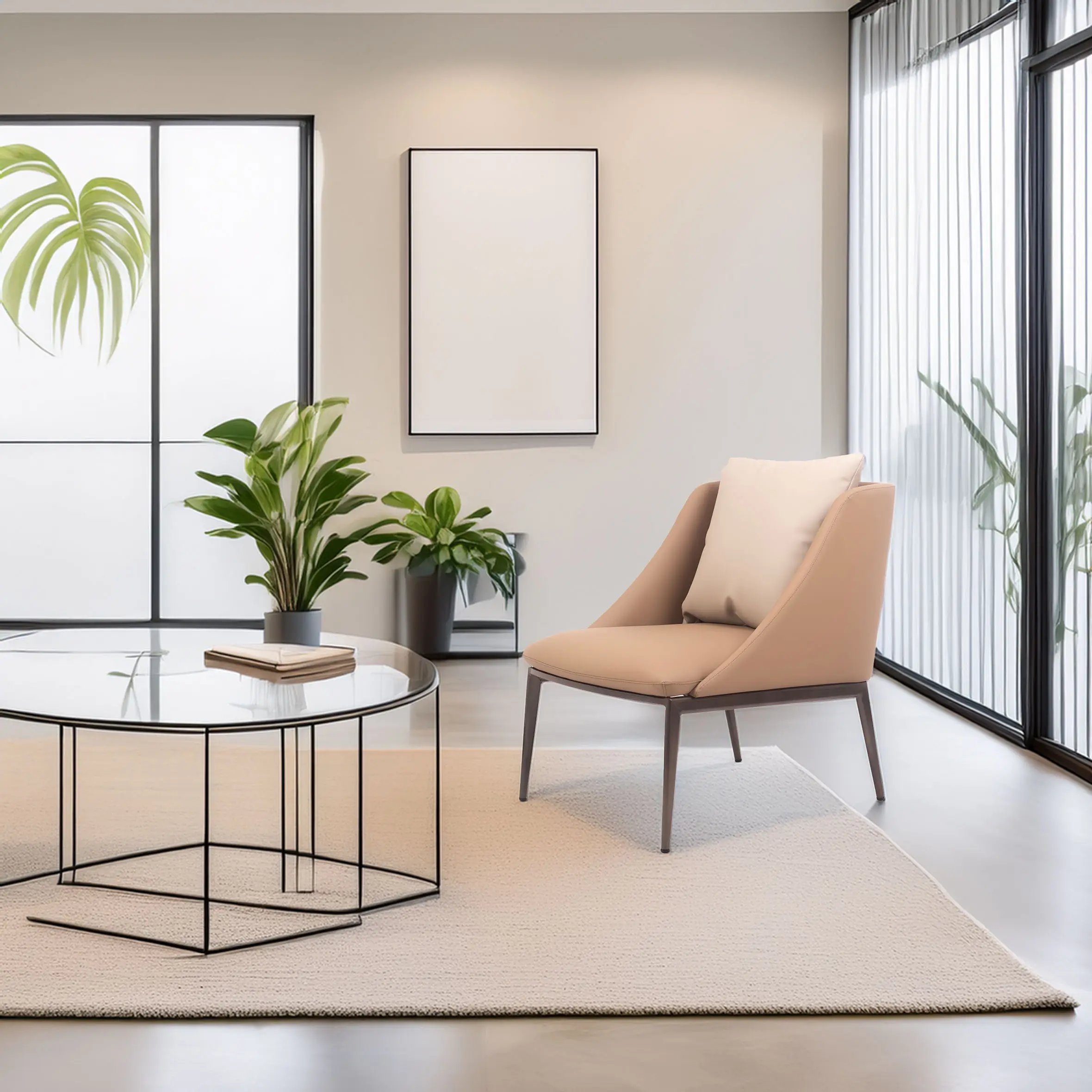 Modern living room with a light beige armchair and white cushion on a large cream rug. A glass coffee table holds two books. Large plants add greenery.