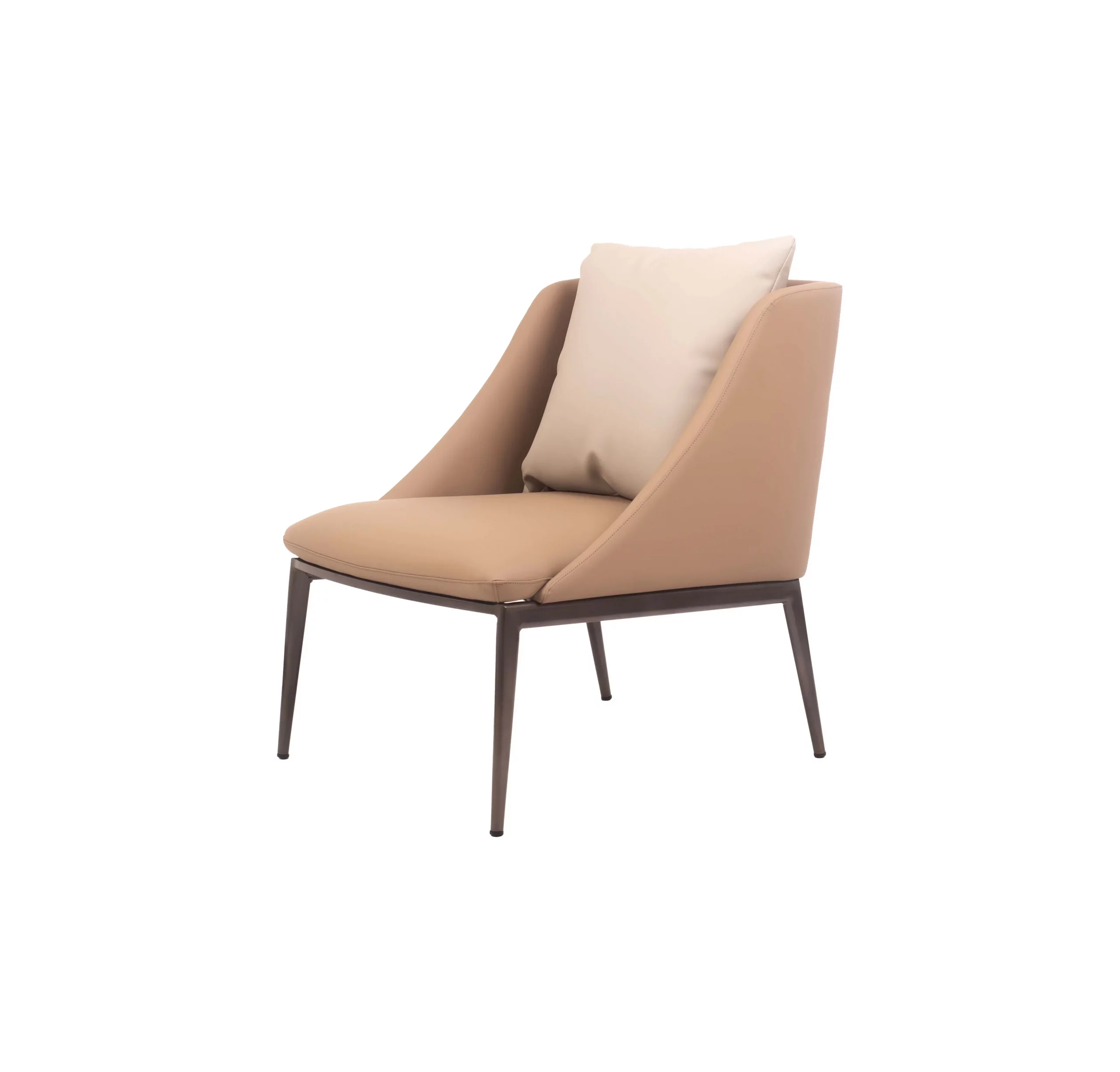 Modern living room with a light beige armchair and white cushion on a large cream rug. A glass coffee table holds two books. Large plants add greenery.