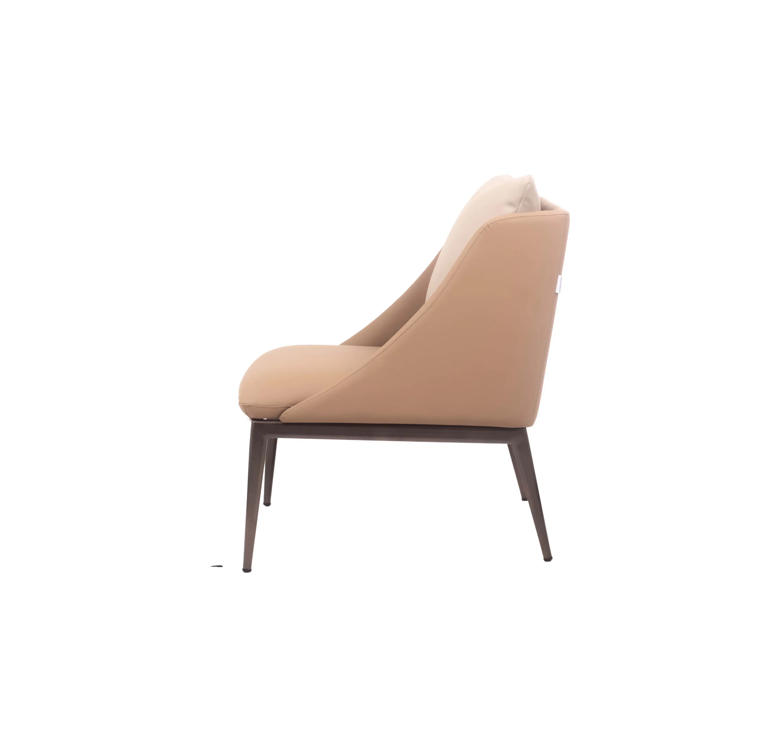 Modern living room with a light beige armchair and white cushion on a large cream rug. A glass coffee table holds two books. Large plants add greenery.