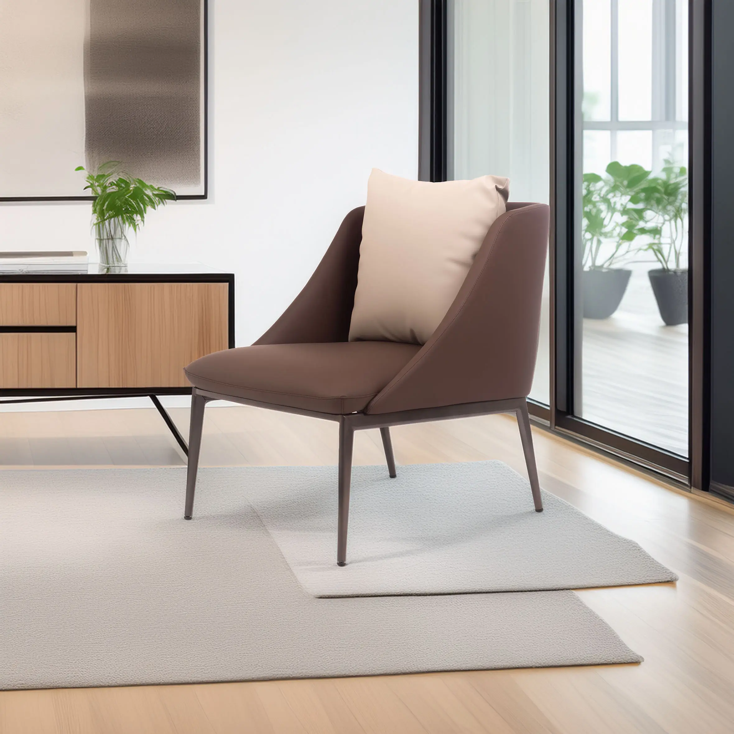 A modern living room with a brown armchair featuring a pale cushion. Nearby, a wooden sideboard with a plant sits on a light gray rug, and floor-to-ceiling windows reveal greenery outside.