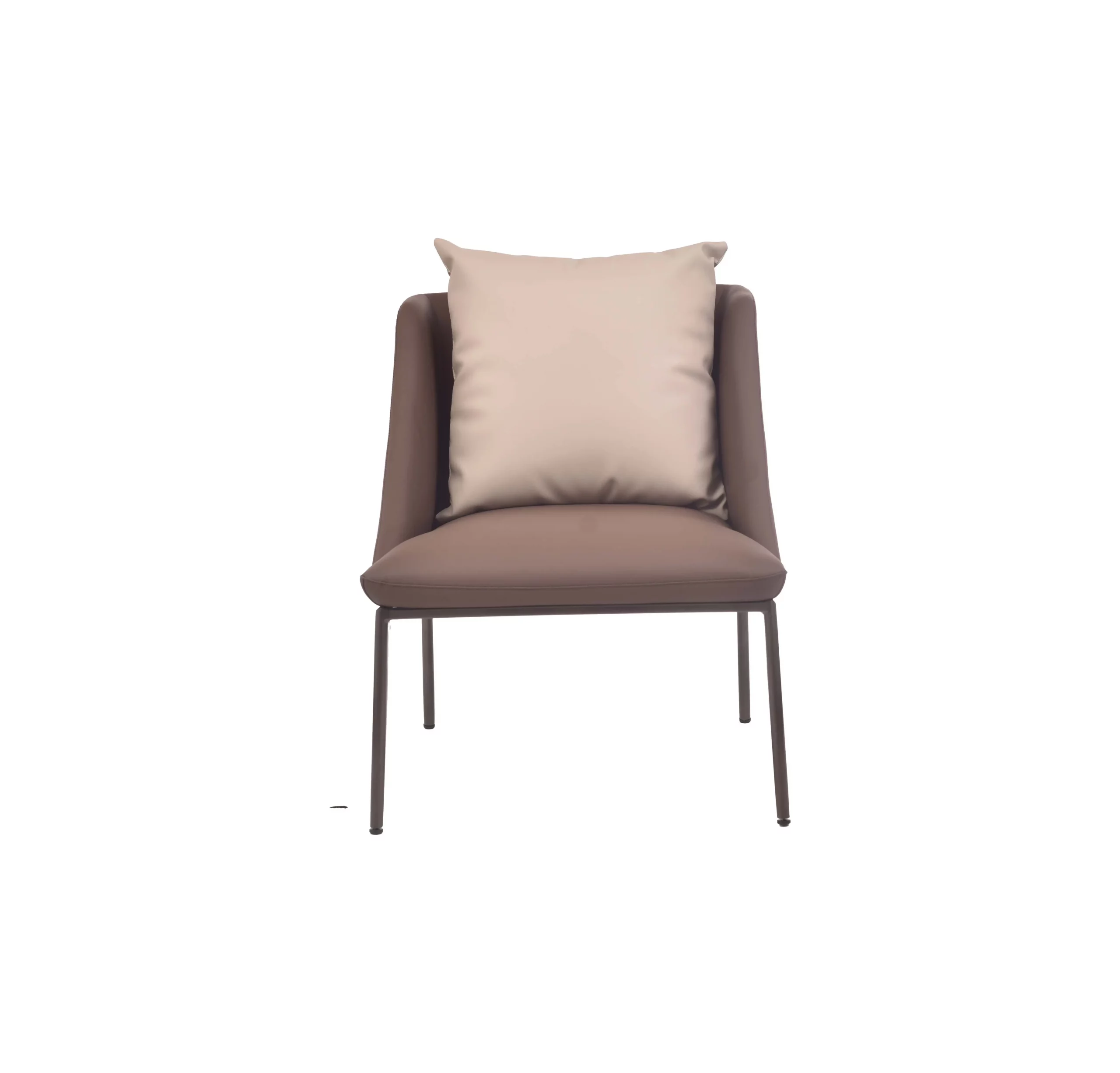 A modern living room with a brown armchair featuring a pale cushion. Nearby, a wooden sideboard with a plant sits on a light gray rug, and floor-to-ceiling windows reveal greenery outside.