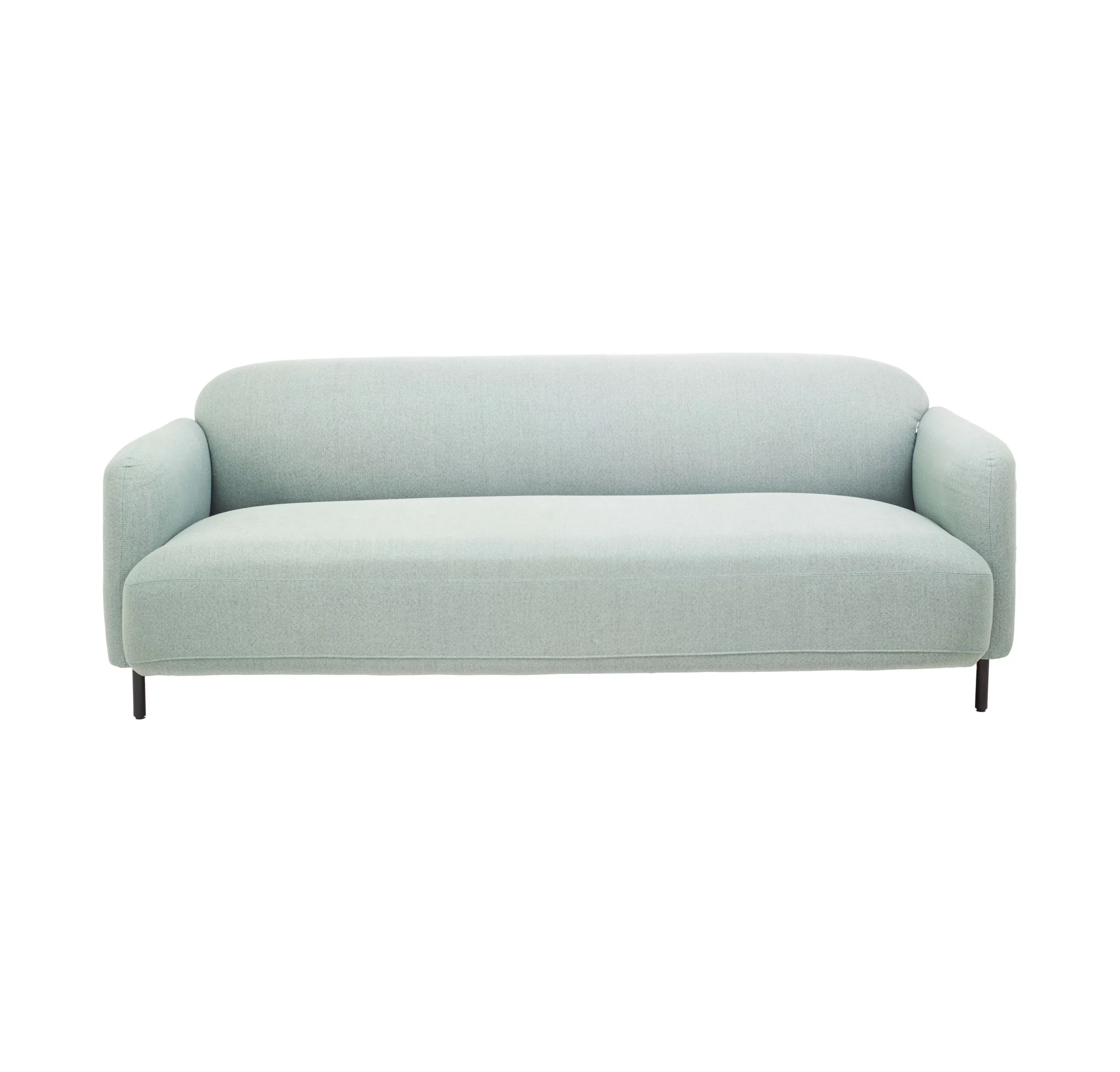 Mint Green sofa in a sleek modern office with large windows, gray rug, plants, and city view. Minimalist and cozy ambiance with a neutral palette.