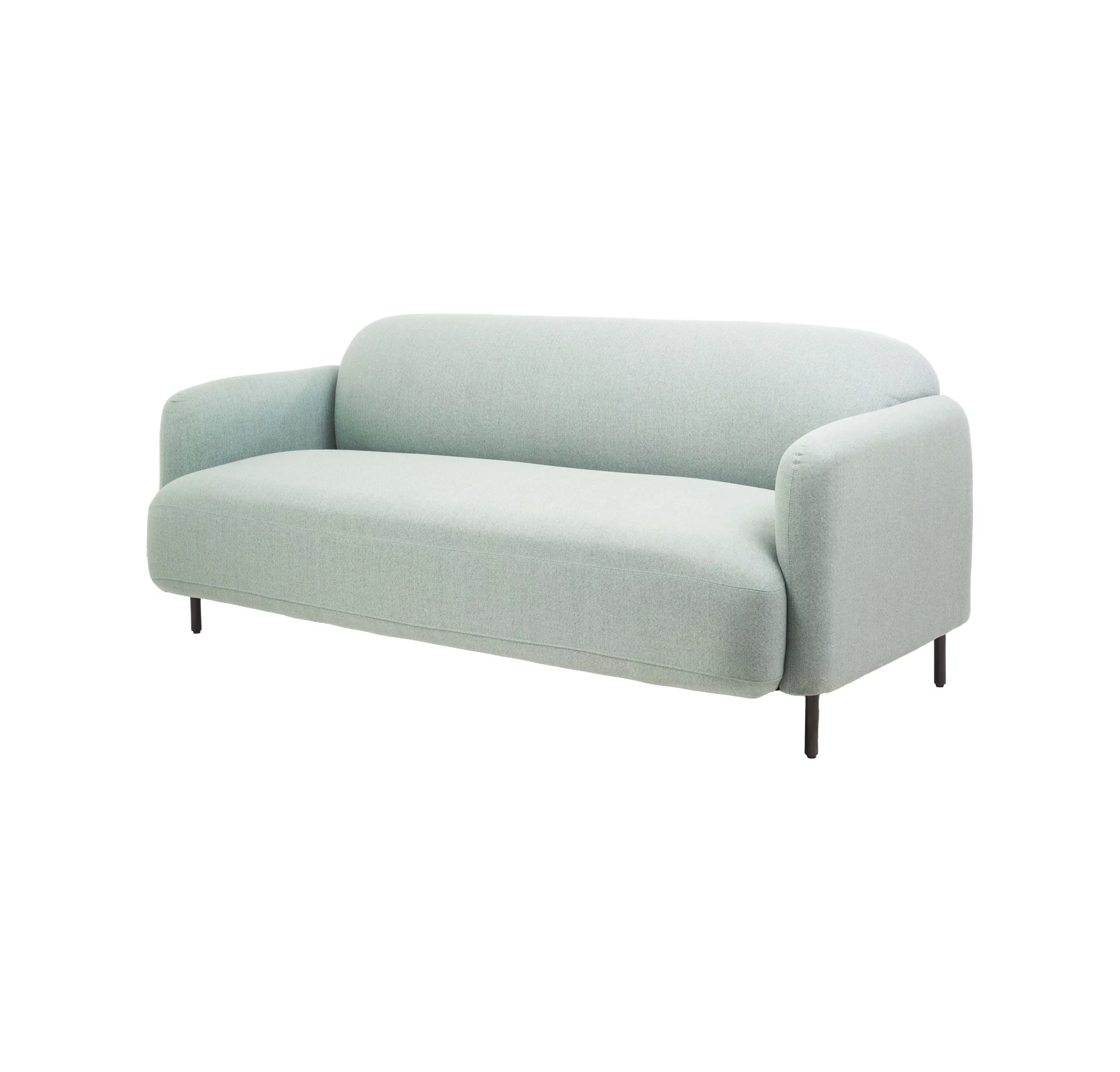 Mint Green sofa in a sleek modern office with large windows, gray rug, plants, and city view. Minimalist and cozy ambiance with a neutral palette.