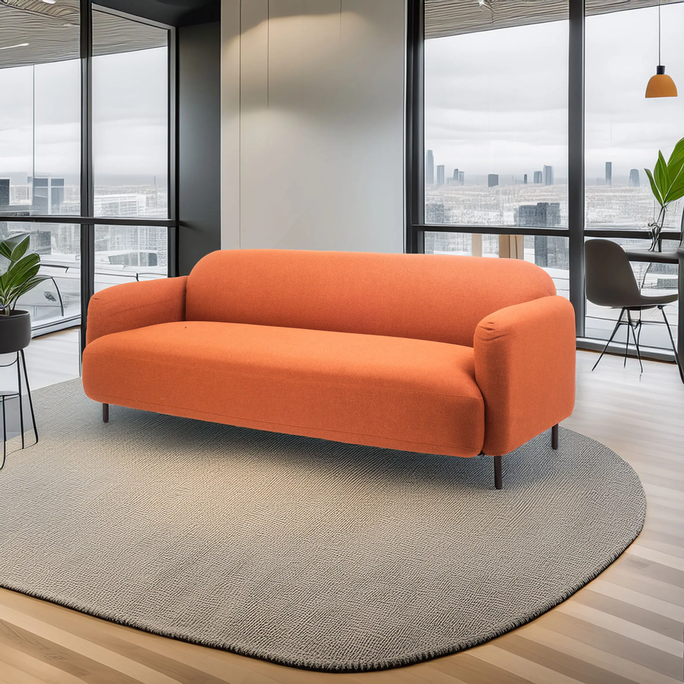 Orange sofa in a sleek modern office with large windows, gray rug, plants, and city view. Minimalist and cozy ambiance with a neutral palette.