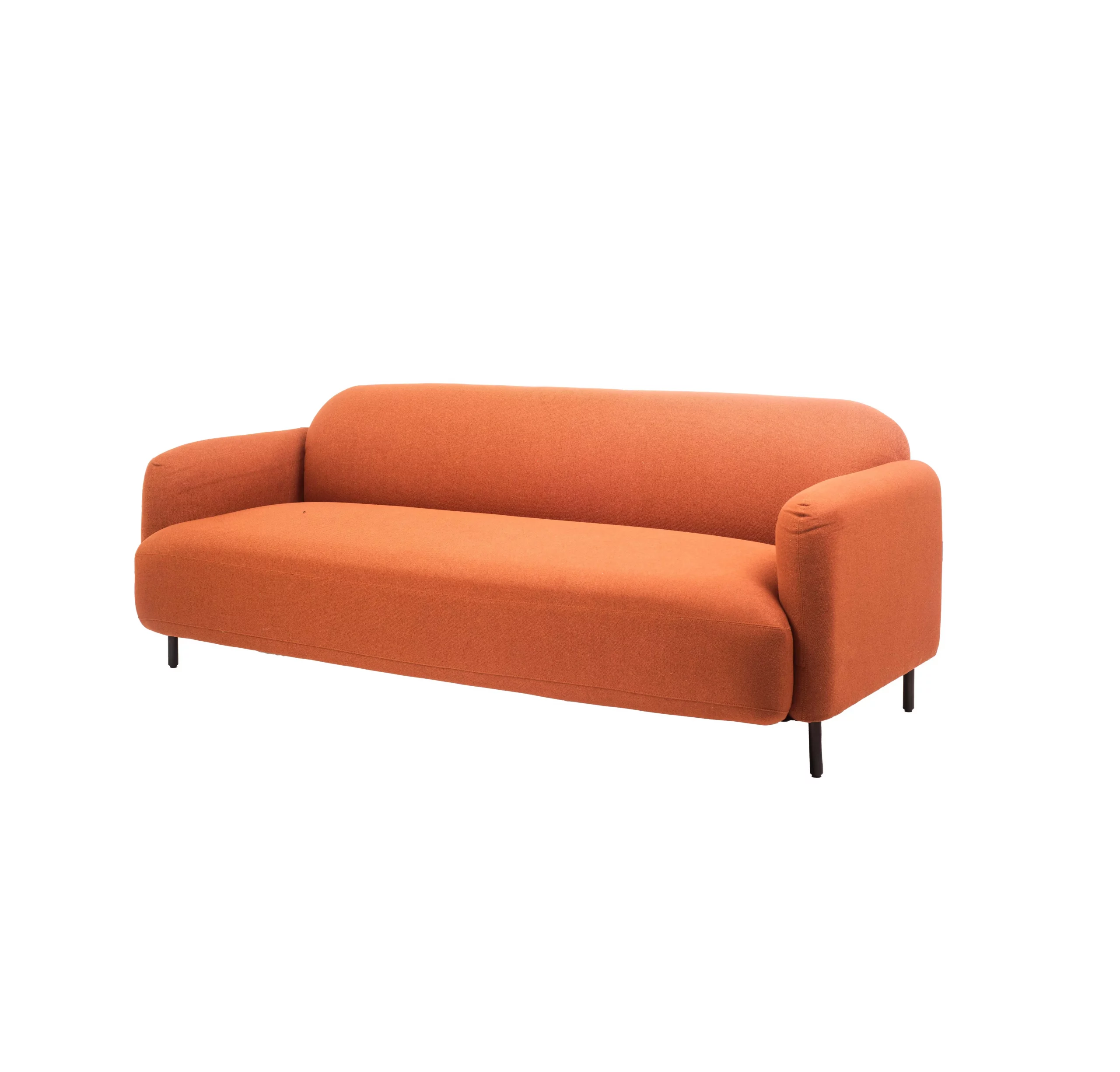 Orange sofa in a sleek modern office with large windows, gray rug, plants, and city view. Minimalist and cozy ambiance with a neutral palette.