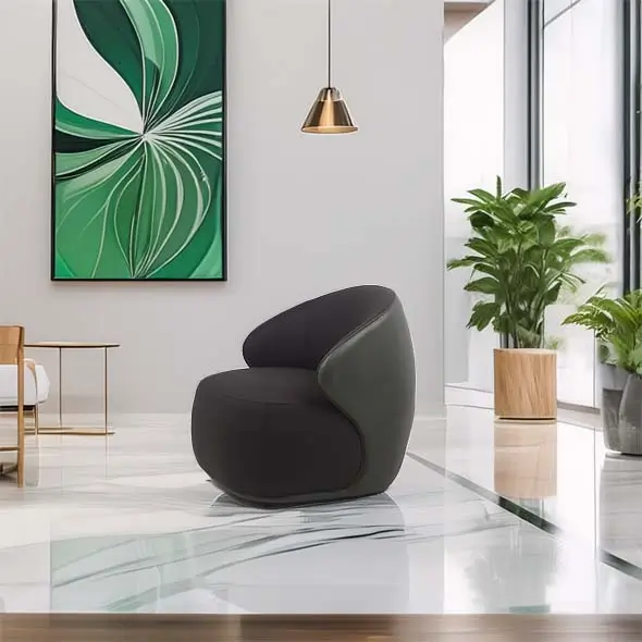 Modern interior featuring a sleek dark grey chair, a green abstract painting, copper pendant light, potted plants, and a glossy floor exuding elegance.