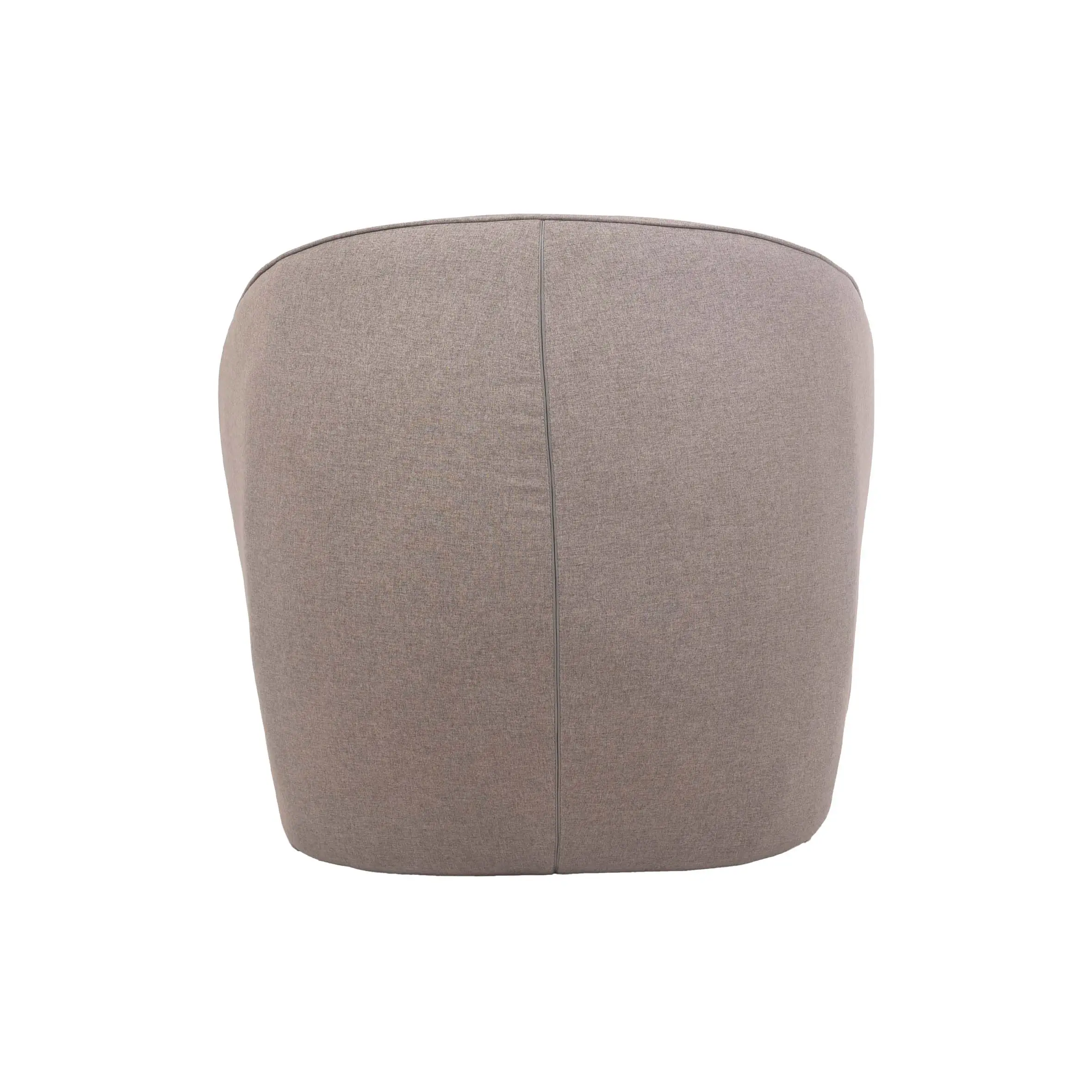 A cozy, modern room with a gray curved armchair on a round beige rug. Tall green plants in white pots and large windows create a bright, serene atmosphere.