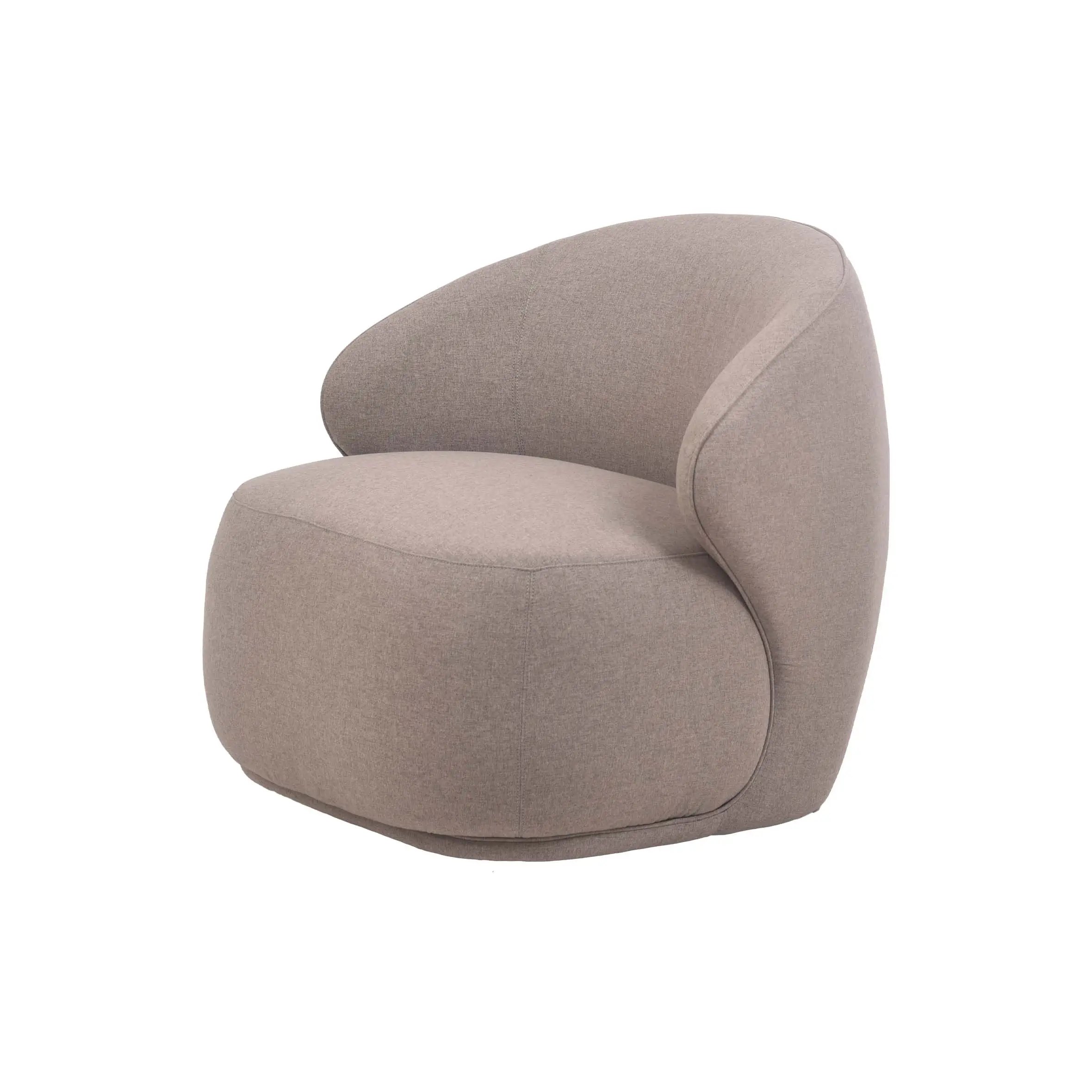 A cozy, modern room with a gray curved armchair on a round beige rug. Tall green plants in white pots and large windows create a bright, serene atmosphere.