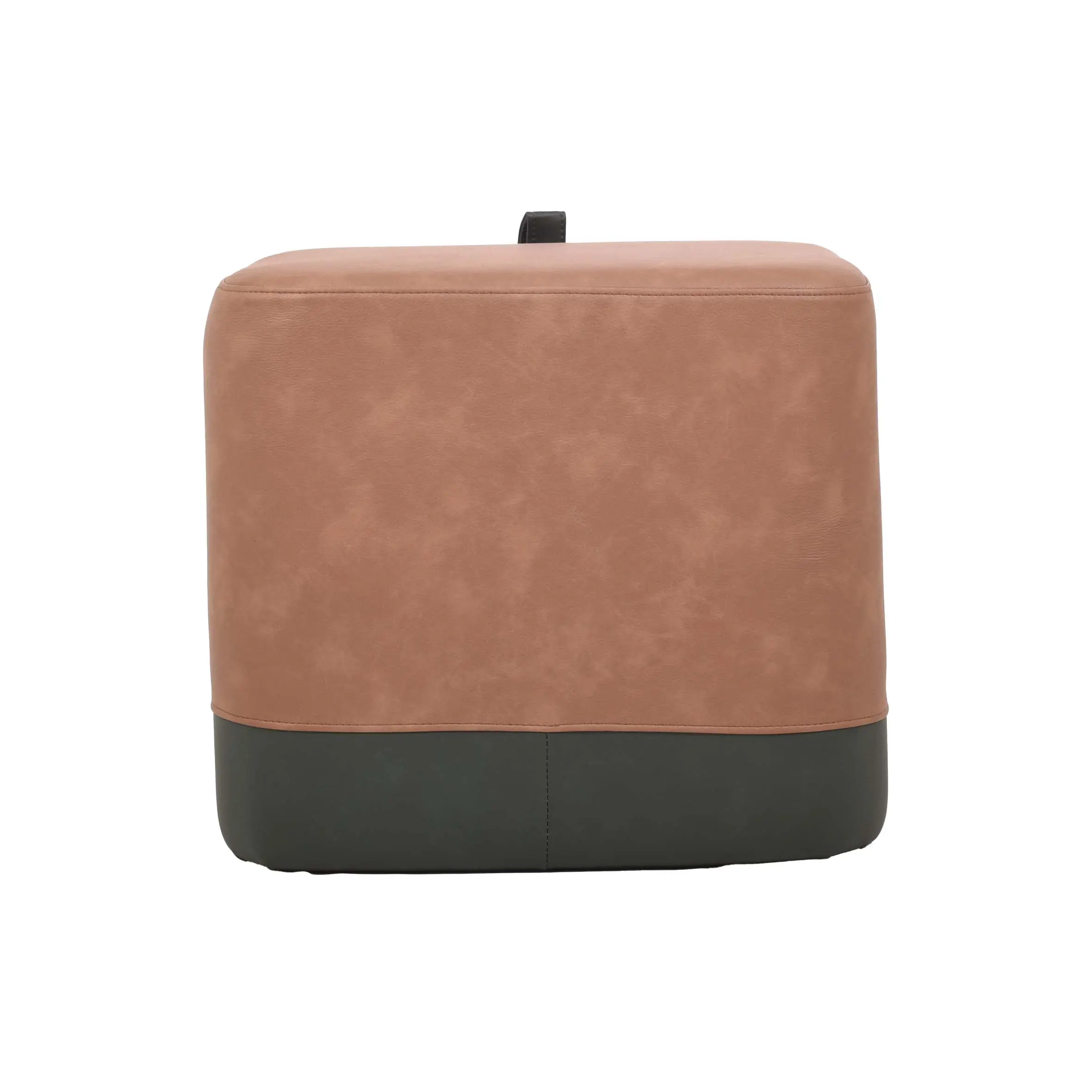 A two-toned ottoman with a tan upper and green base sits on light wood flooring. Background features modern chairs, a table, and lush plants by windows.