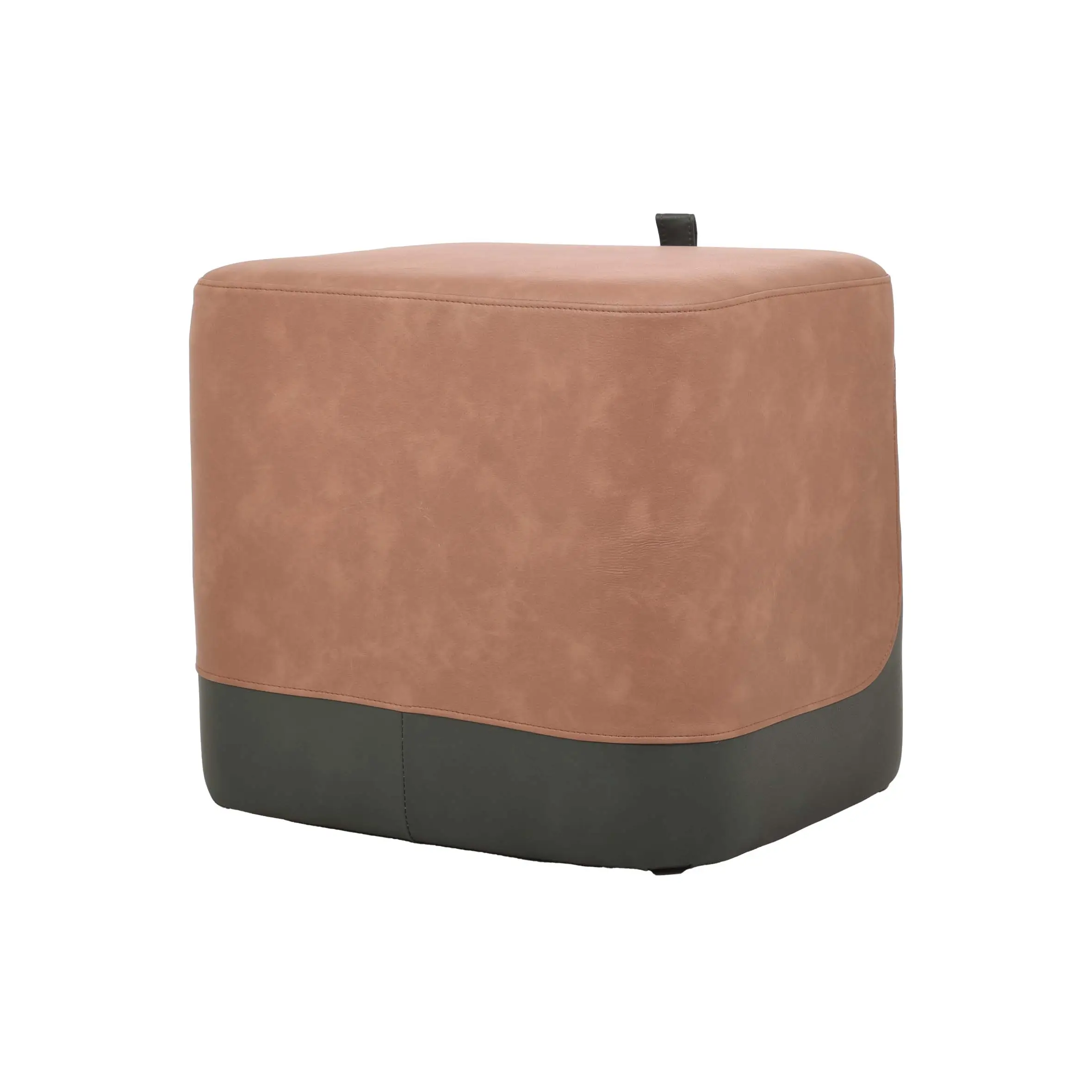 A two-toned ottoman with a tan upper and green base sits on light wood flooring. Background features modern chairs, a table, and lush plants by windows.