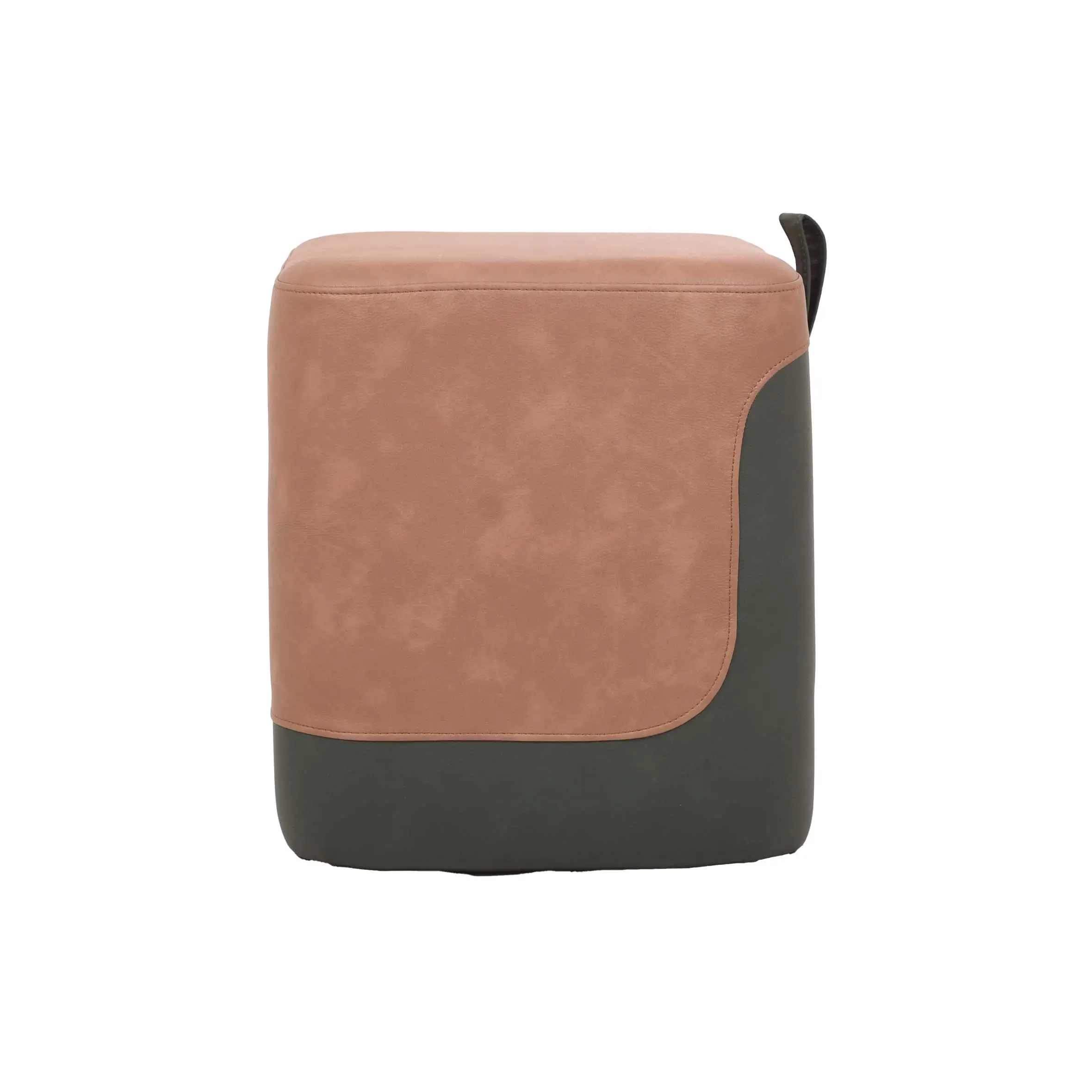 A two-toned ottoman with a tan upper and green base sits on light wood flooring. Background features modern chairs, a table, and lush plants by windows.