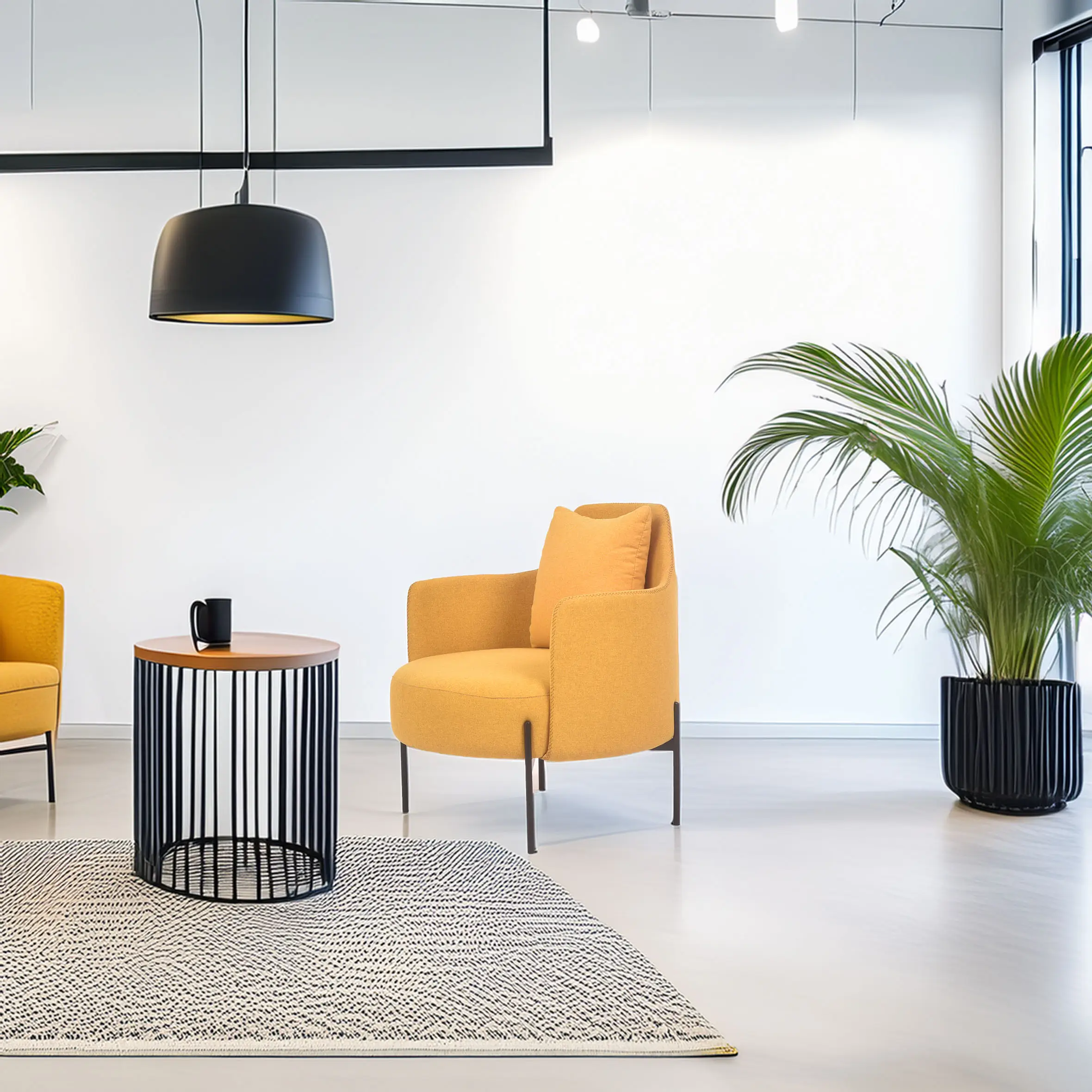 Modern minimalist room featuring a mustard yellow chair, black wireframe side table, and palm plant. Black pendant light and neutral tones evoke calm.