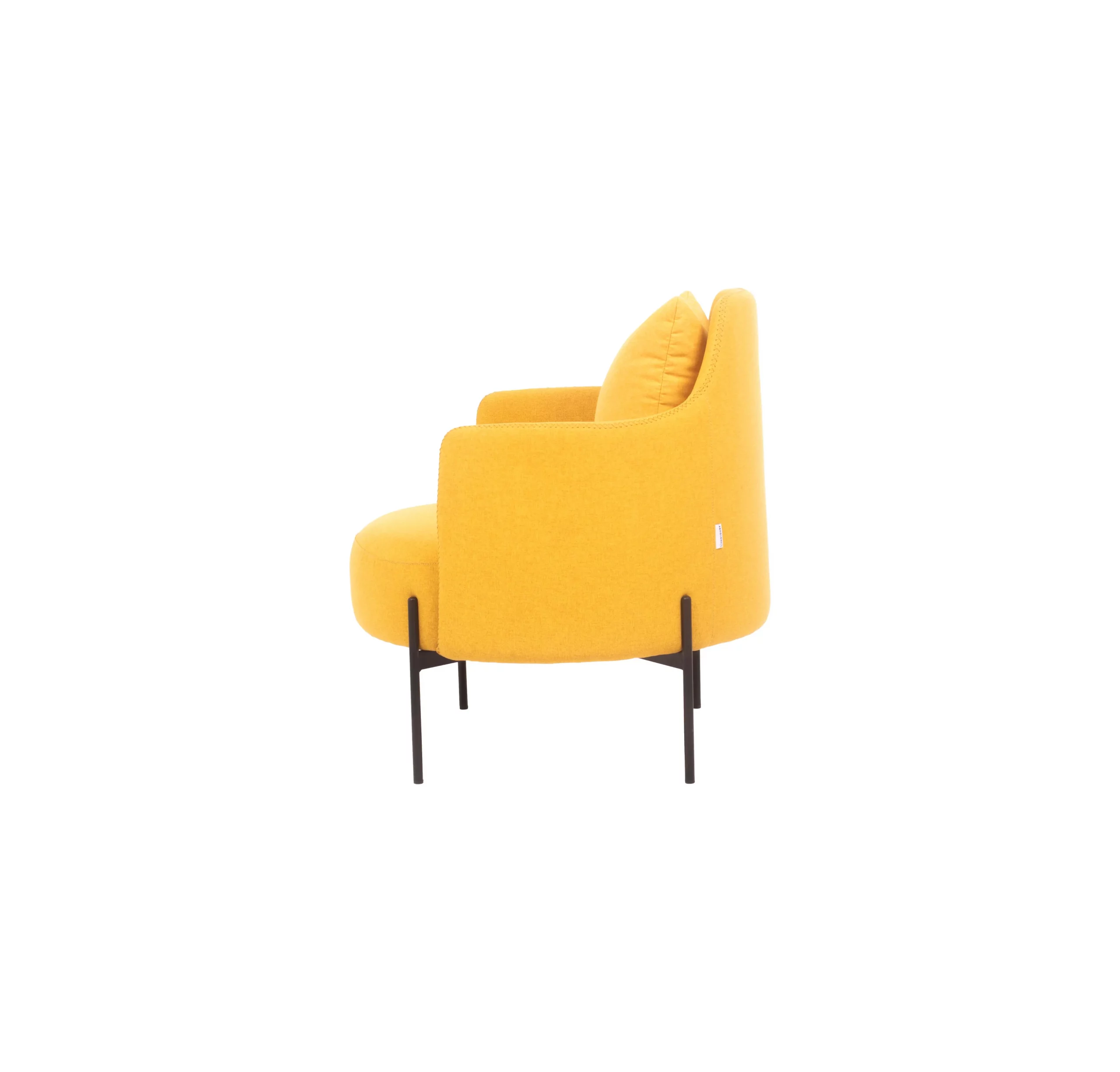Modern minimalist room featuring a mustard yellow chair, black wireframe side table, and palm plant. Black pendant light and neutral tones evoke calm.