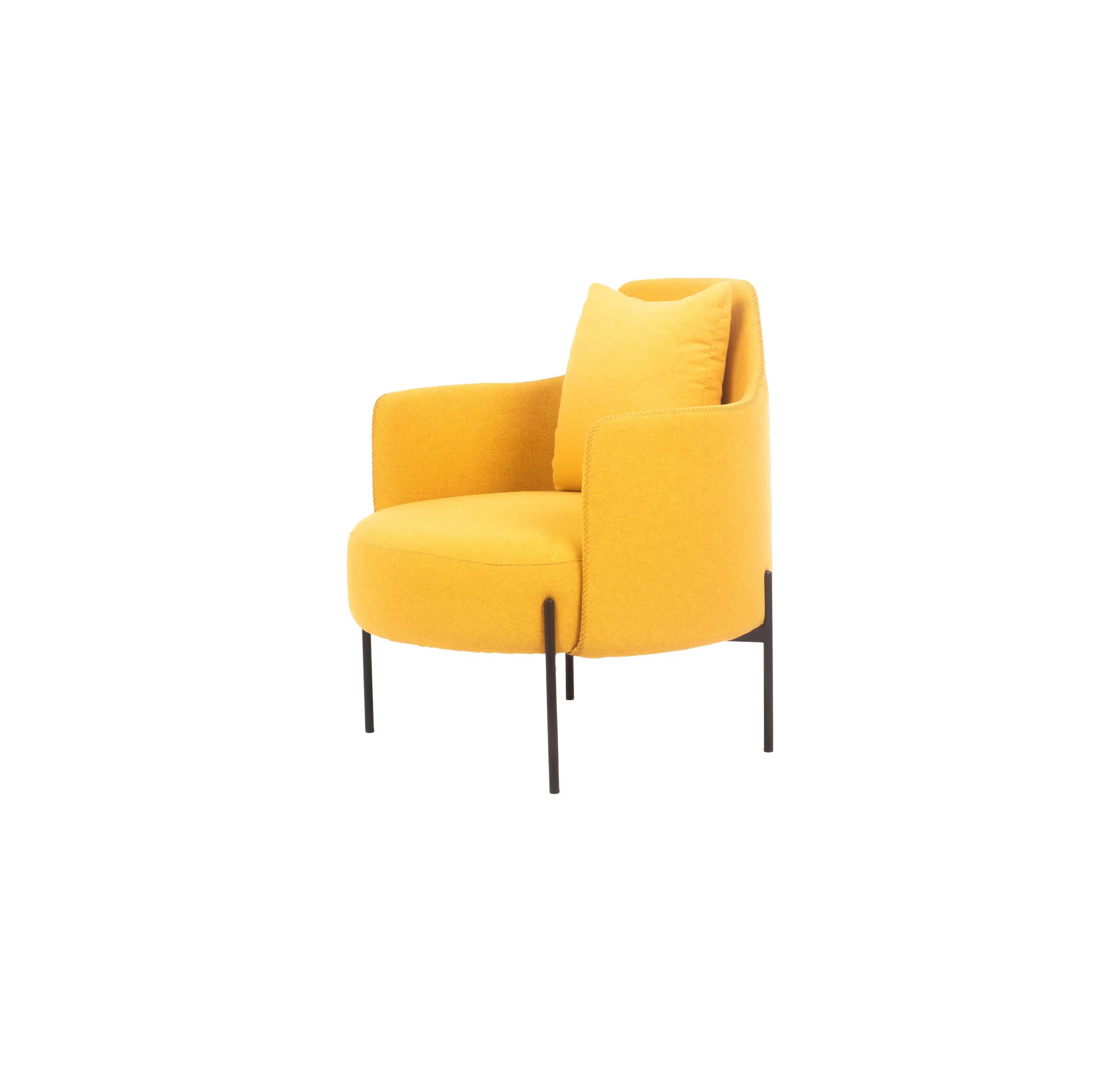 Modern minimalist room featuring a mustard yellow chair, black wireframe side table, and palm plant. Black pendant light and neutral tones evoke calm.