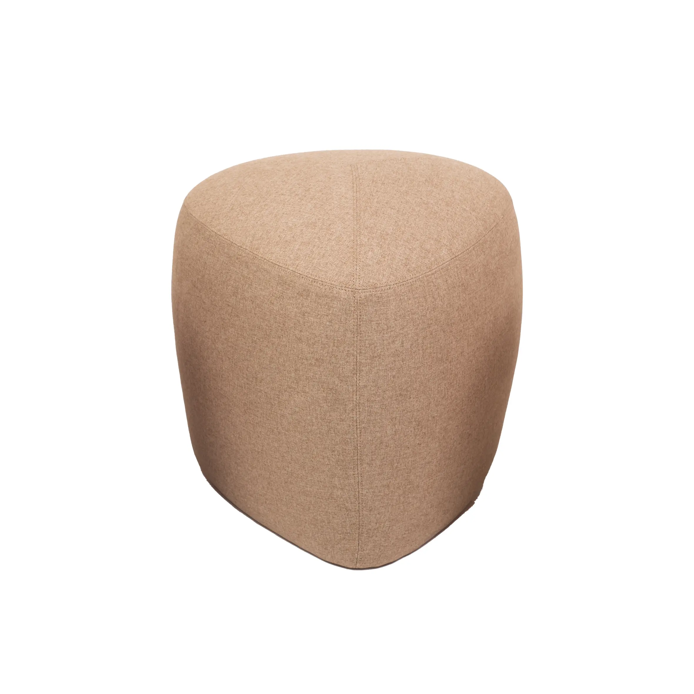 A beige, teardrop-shaped ottoman with soft fabric texture. It has clean lines and a minimalist design, conveying a modern and cozy feel.