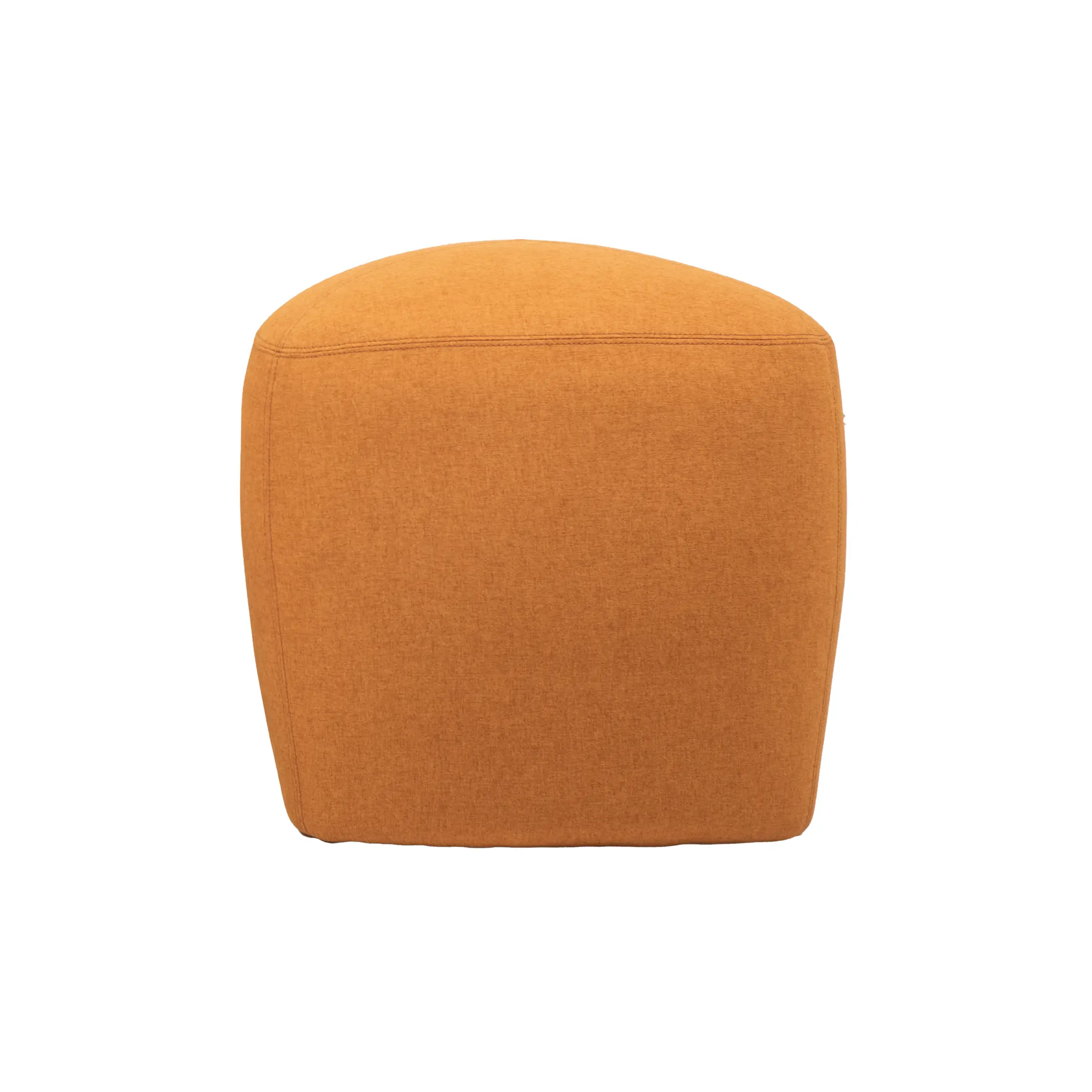 Three colorful, modern ottomans in orange and beige on a striped rug, flanked by potted plants. An orange bookshelf with books adds a cozy vibe.