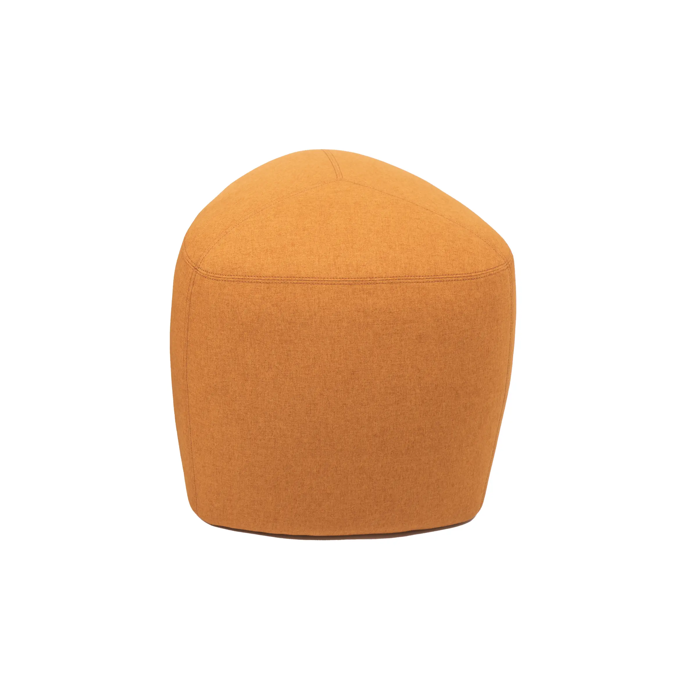 Three colorful, modern ottomans in orange and beige on a striped rug, flanked by potted plants. An orange bookshelf with books adds a cozy vibe.