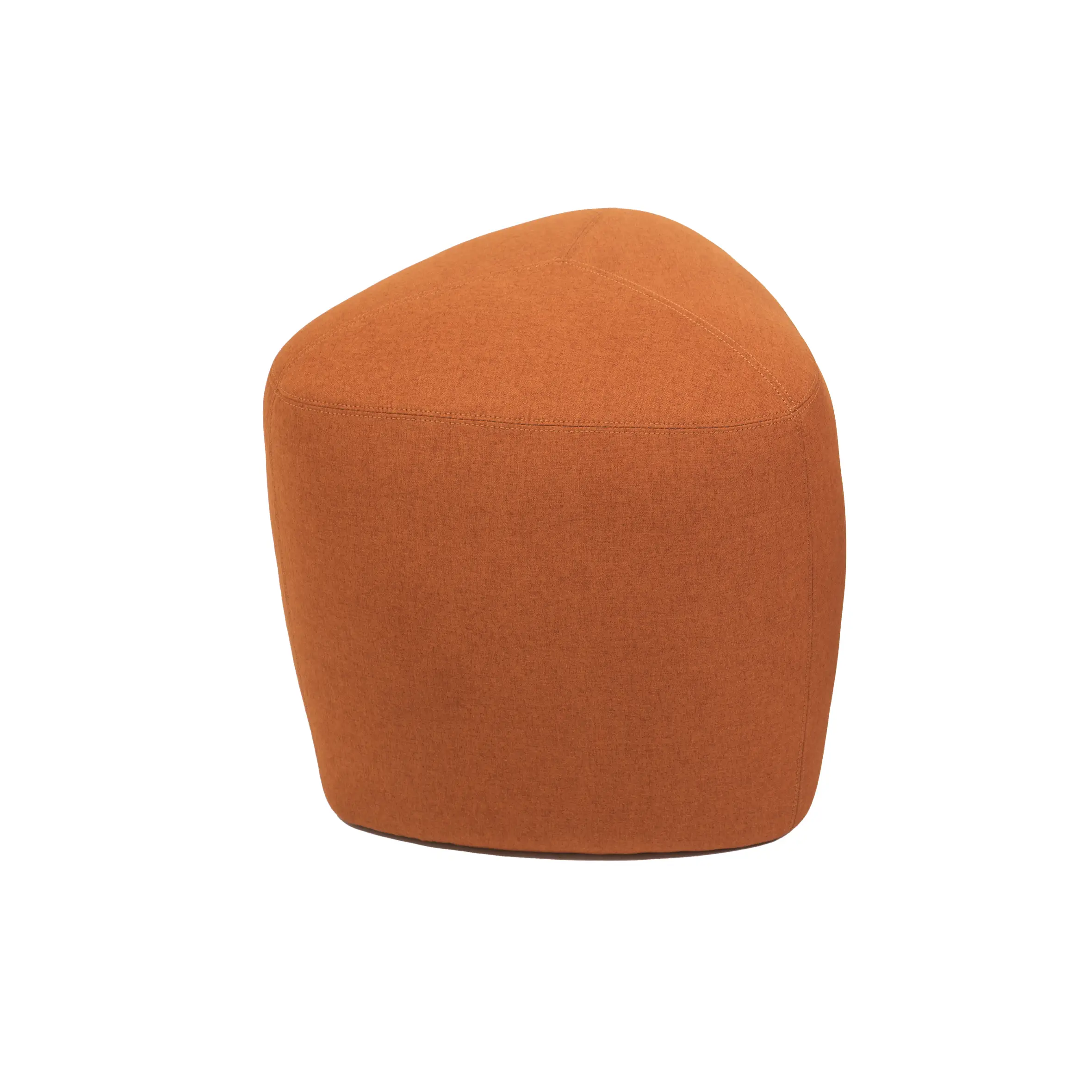 Three colorful, modern ottomans in orange and beige on a striped rug, flanked by potted plants. An orange bookshelf with books adds a cozy vibe.