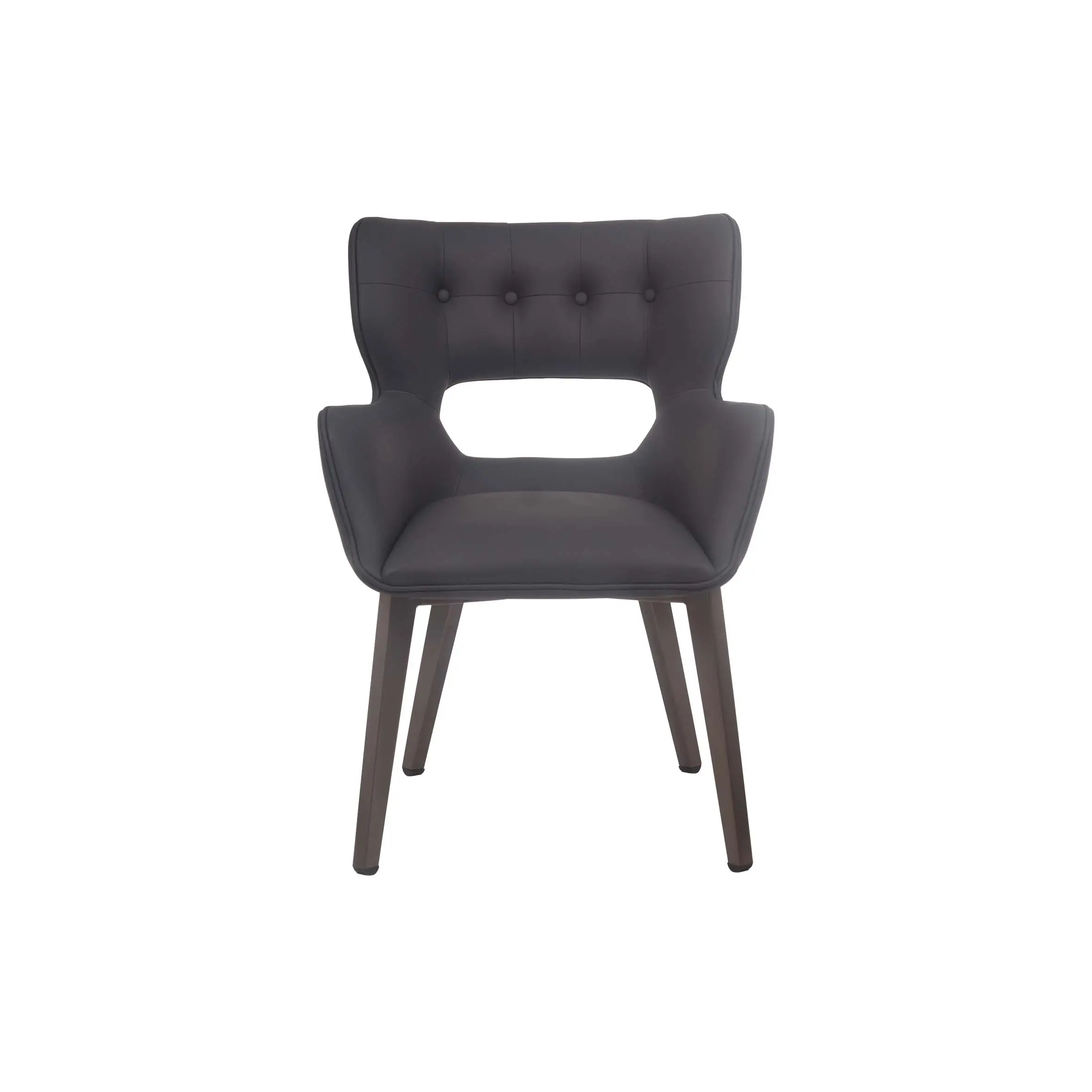 Modern conference room with sleek black chairs, a large wooden table, and floor-to-ceiling windows. Soft lighting creates a professional tone.