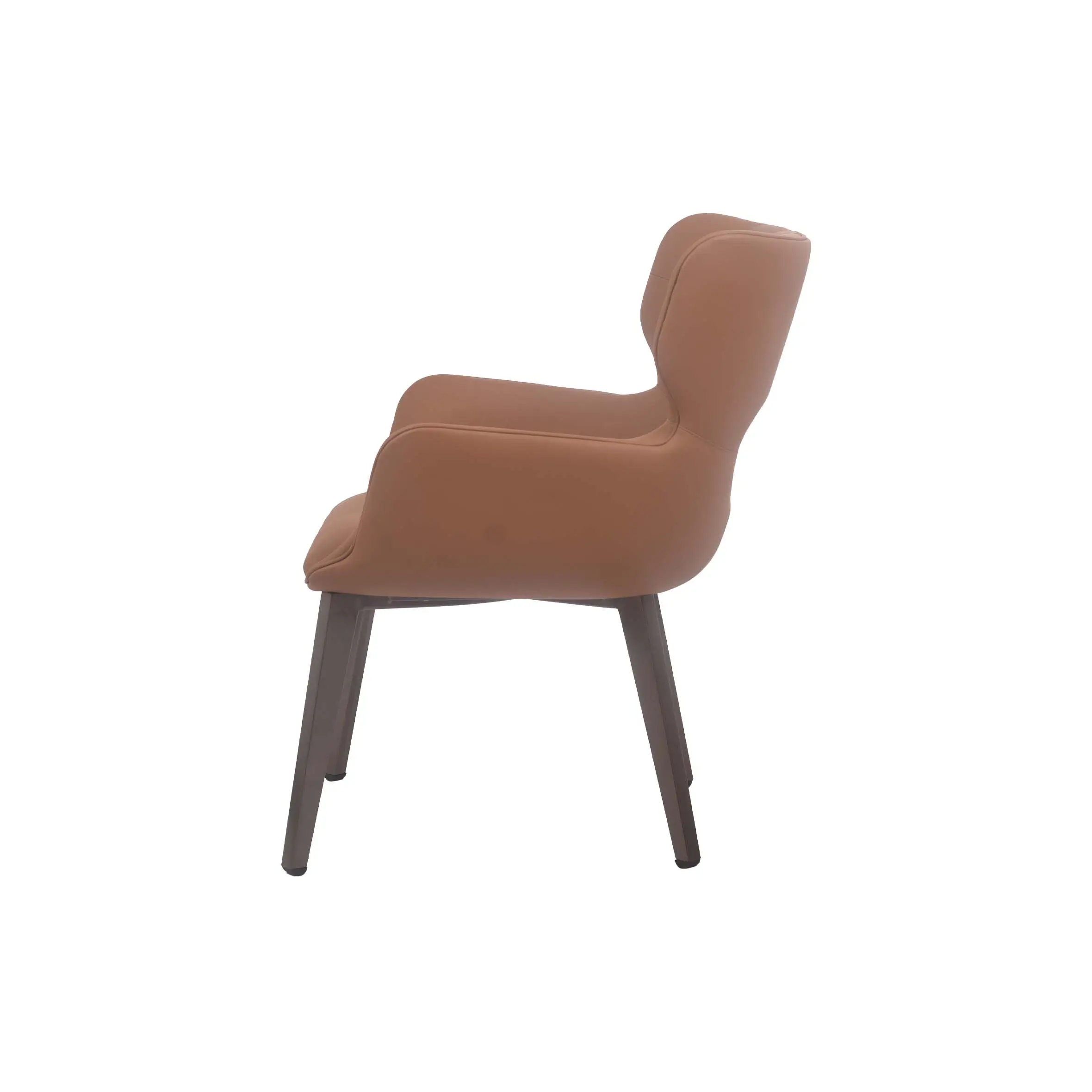 Modern office with large windows, natural light, sleek wooden table, and beige chairs. The atmosphere is calm and professional.