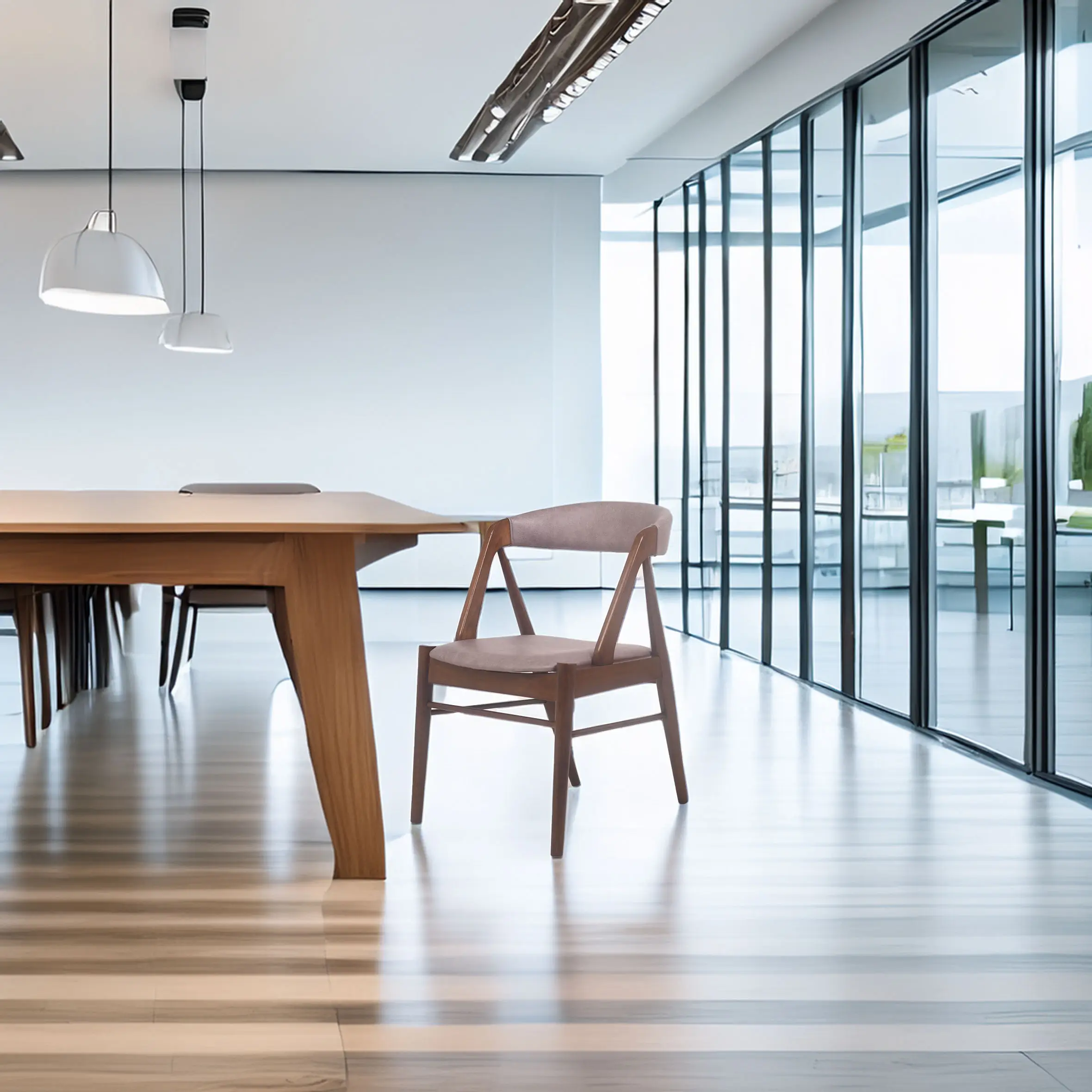 A modern conference room with wooden table, elegant chairs, and pendant lights. Floor-to-ceiling glass windows provide ample natural light, conveying a sleek and professional atmosphere.