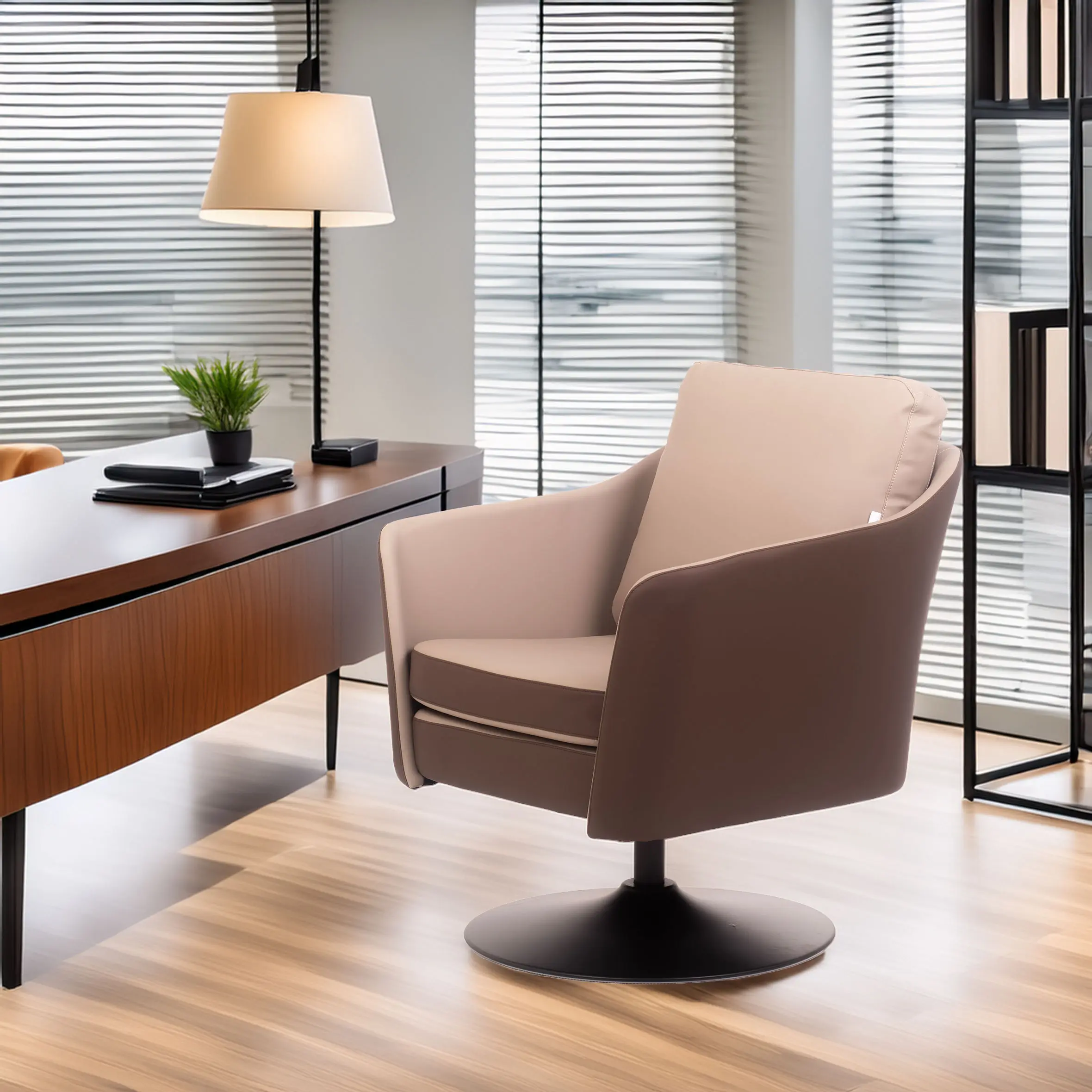Modern office with a brown & beige swivel chair, wooden desk, and potted plant. Blinds cover large windows, creating a sleek, professional atmosphere.