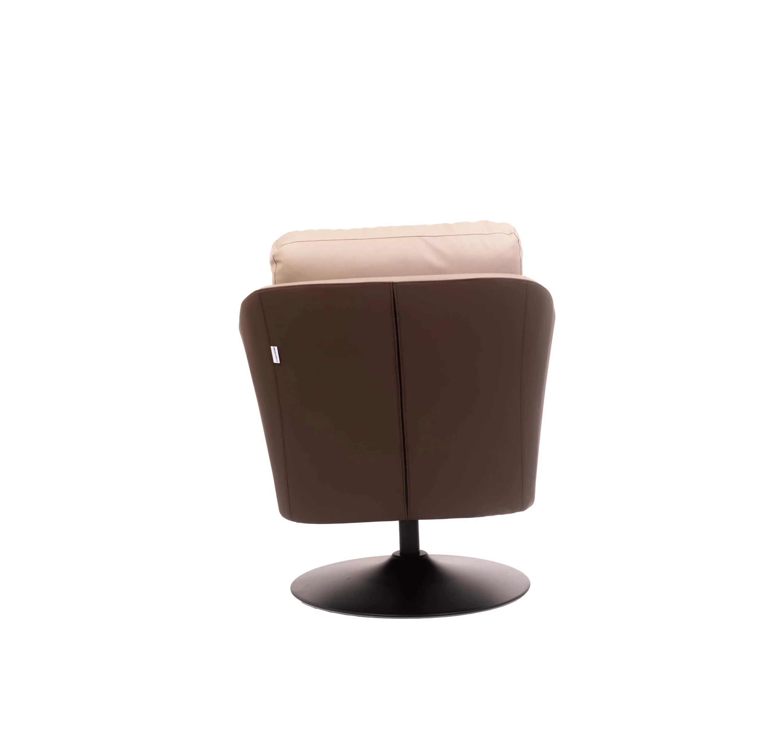 Modern office with a brown & beige swivel chair, wooden desk, and potted plant. Blinds cover large windows, creating a sleek, professional atmosphere.