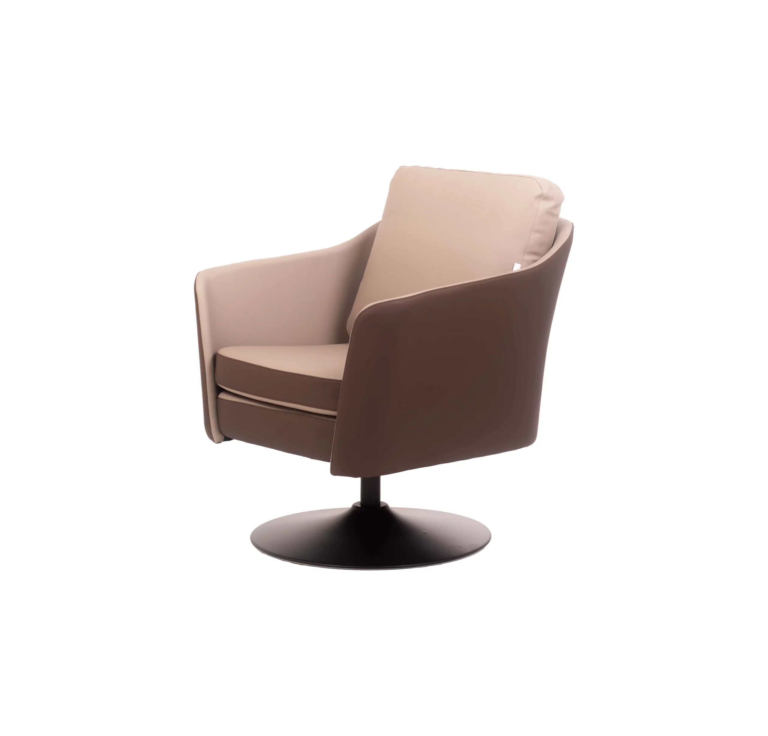 Modern office with a brown & beige swivel chair, wooden desk, and potted plant. Blinds cover large windows, creating a sleek, professional atmosphere.