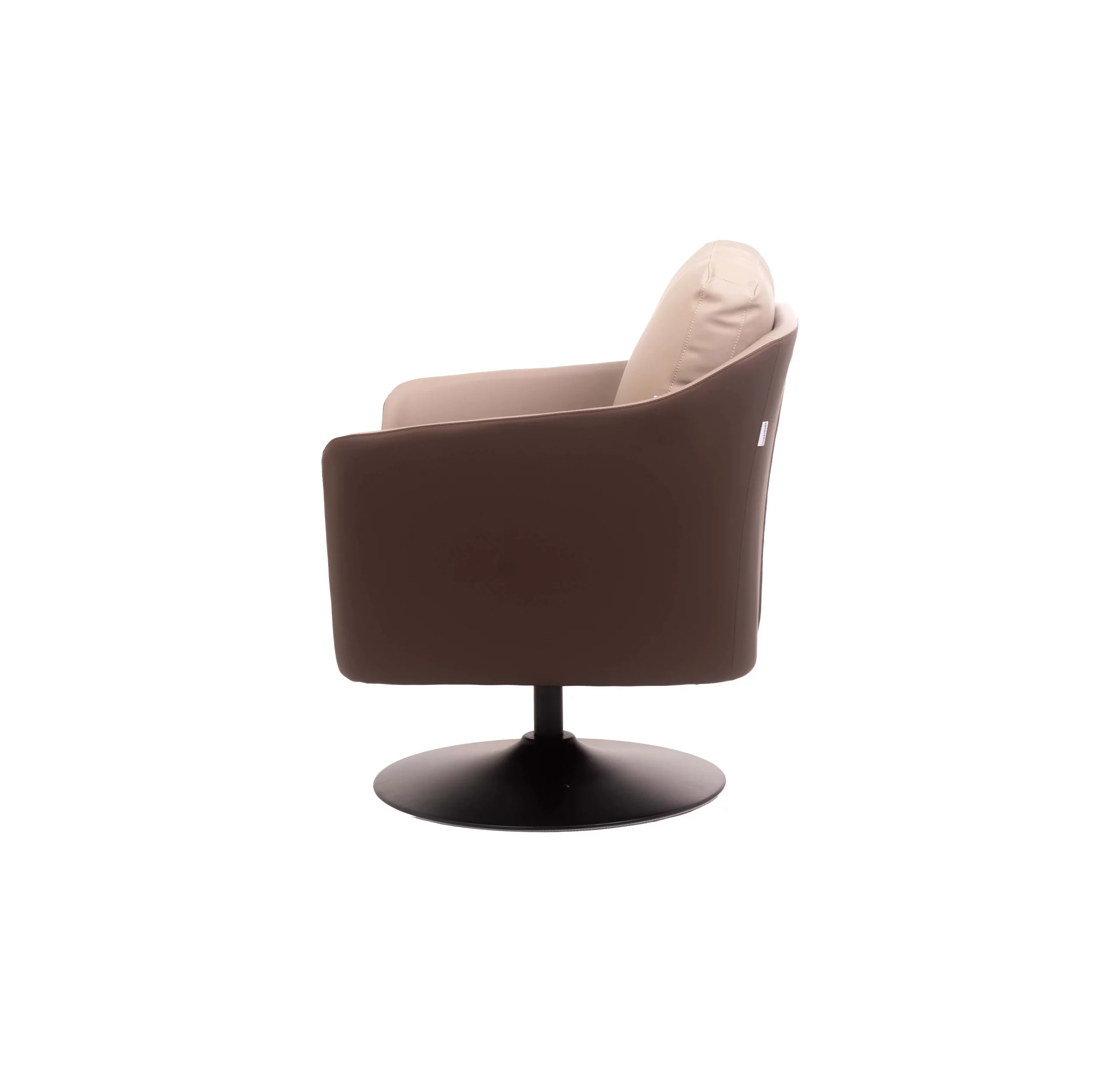 Modern office with a brown & beige swivel chair, wooden desk, and potted plant. Blinds cover large windows, creating a sleek, professional atmosphere.