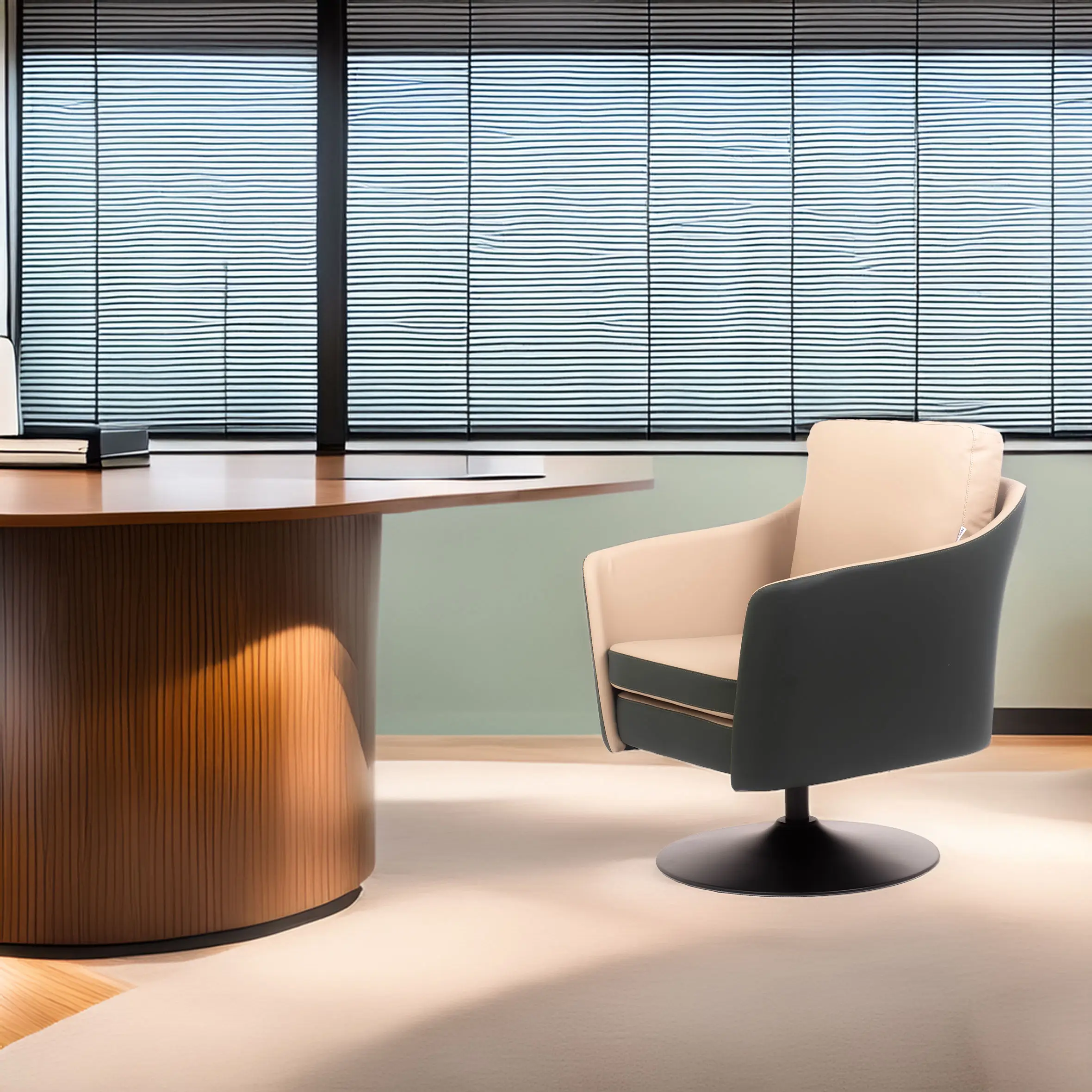 Modern office scene with a sleek wooden desk and a green & beige swivel chair on a white carpet. Behind, large windows have horizontal blinds.