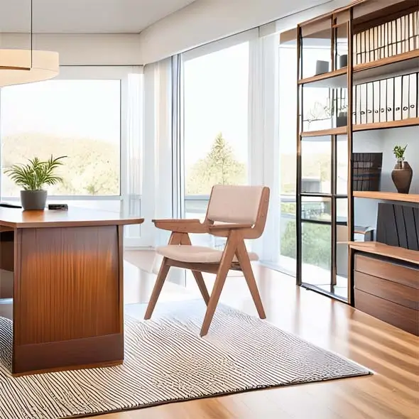 Modern office with large windows, wooden desk, and cushioned chair on a striped rug. Bookshelf with decor, plants, and files adds an organized feel.