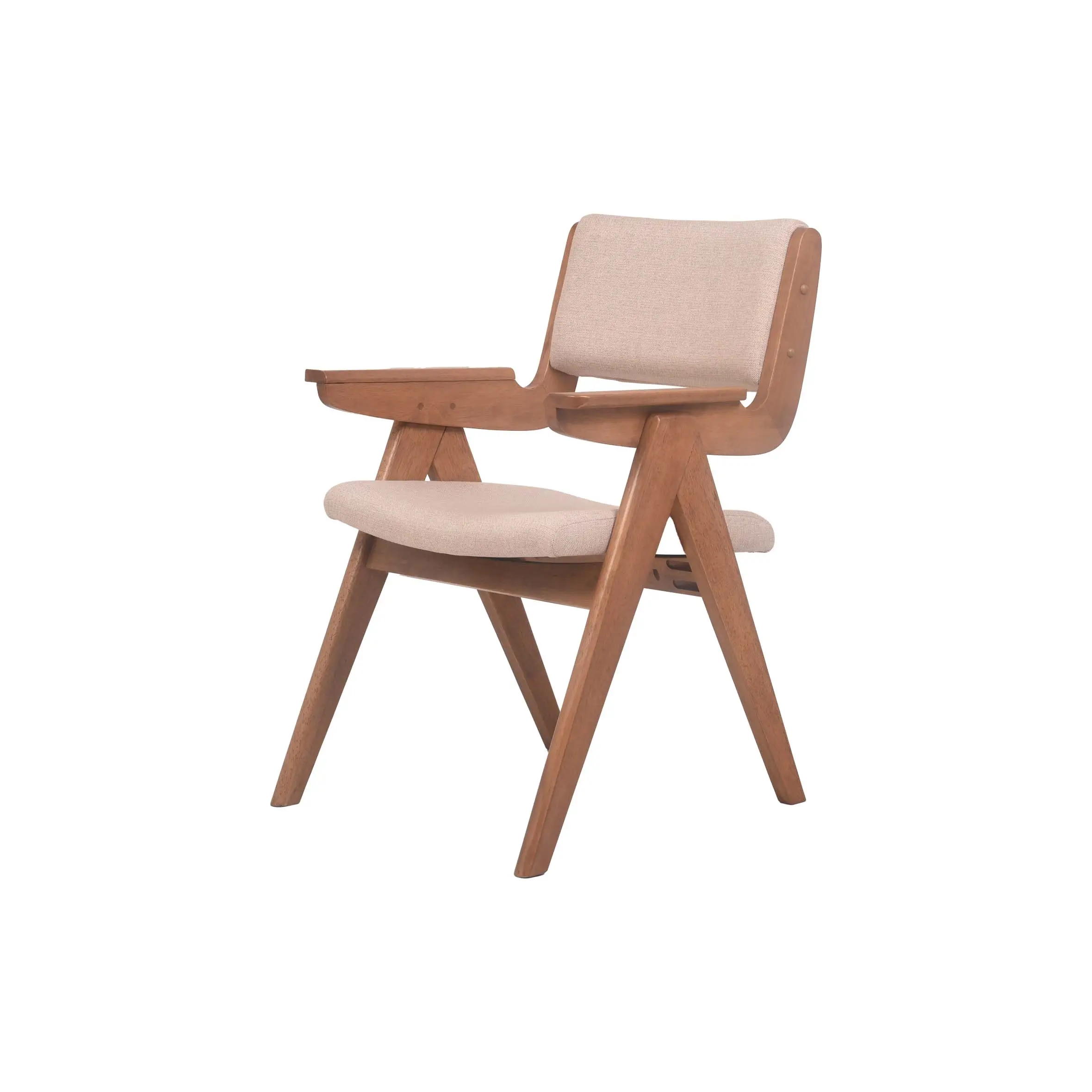 Modern office with large windows, wooden desk, and cushioned chair on a striped rug. Bookshelf with decor, plants, and files adds an organized feel.