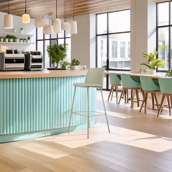 Modern cafe interior with pastel green accents. Features a turquoise counter with barstool, pendant lights, plants, and large windows. Bright and airy.