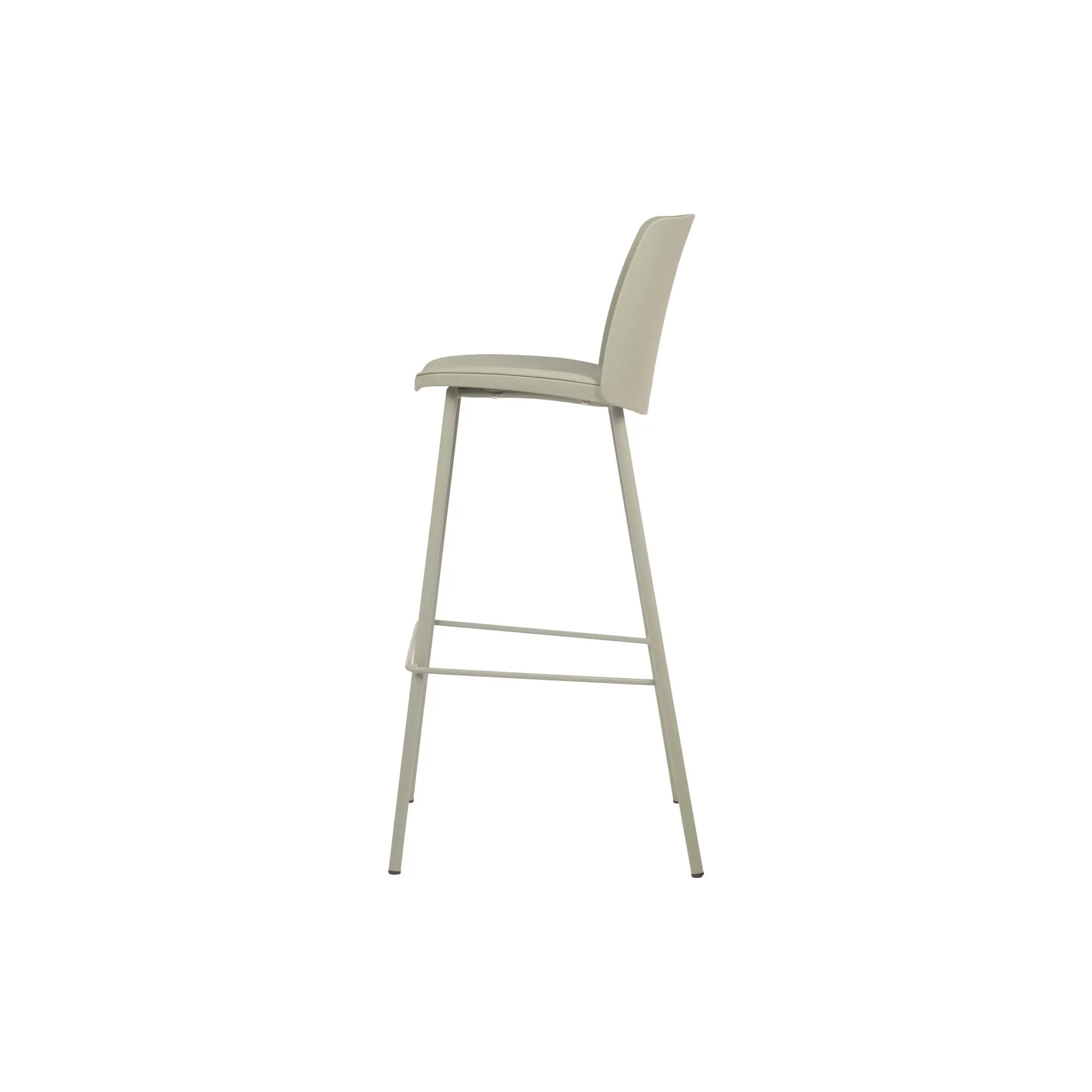 Modern cafe interior with pastel green accents. Features a turquoise counter with barstool, pendant lights, plants, and large windows. Bright and airy.