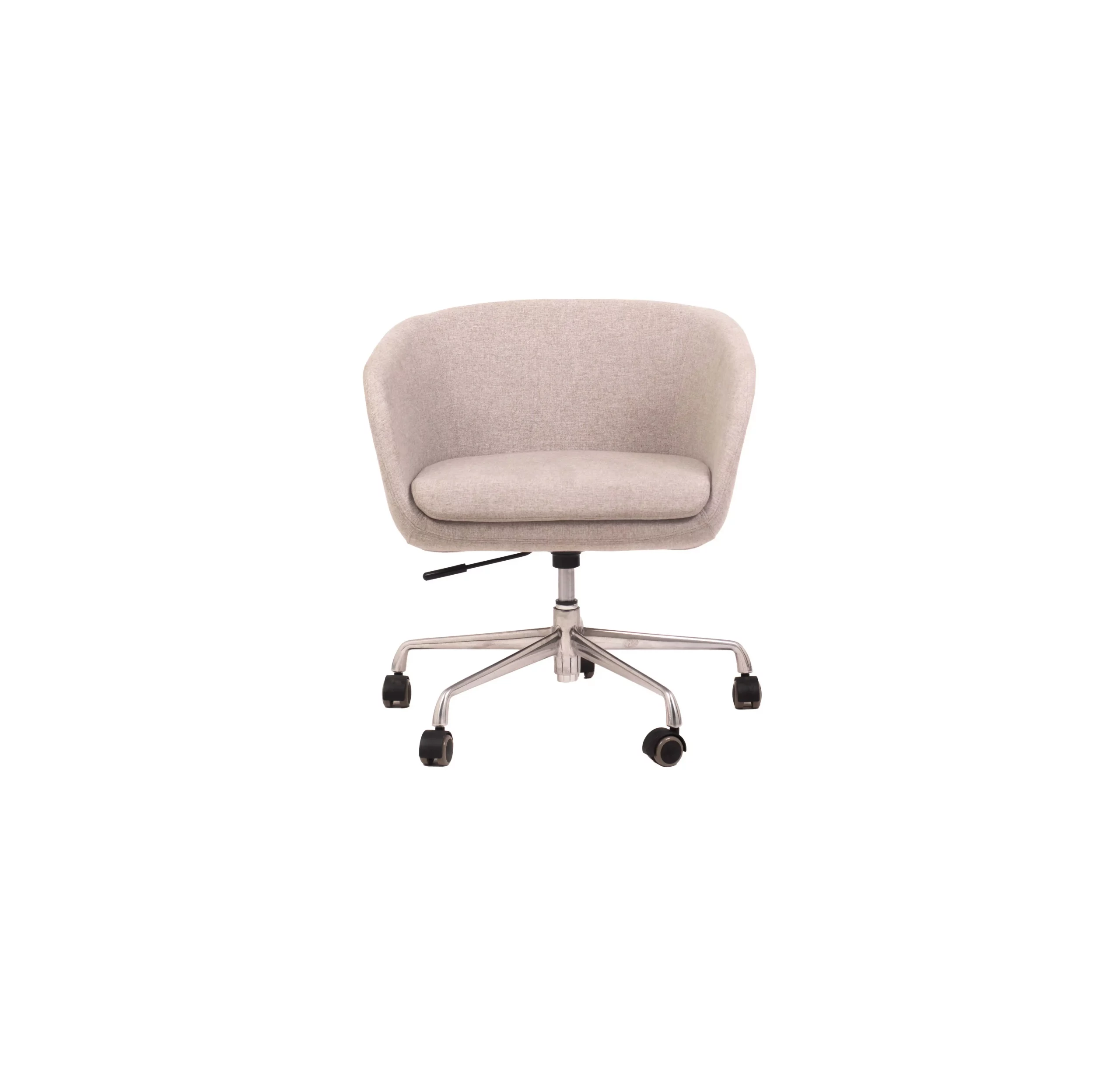 Modern office space with a plush grey swivel chair on a glossy floor. White desk with a laptop and white shelving filled with books and plants.