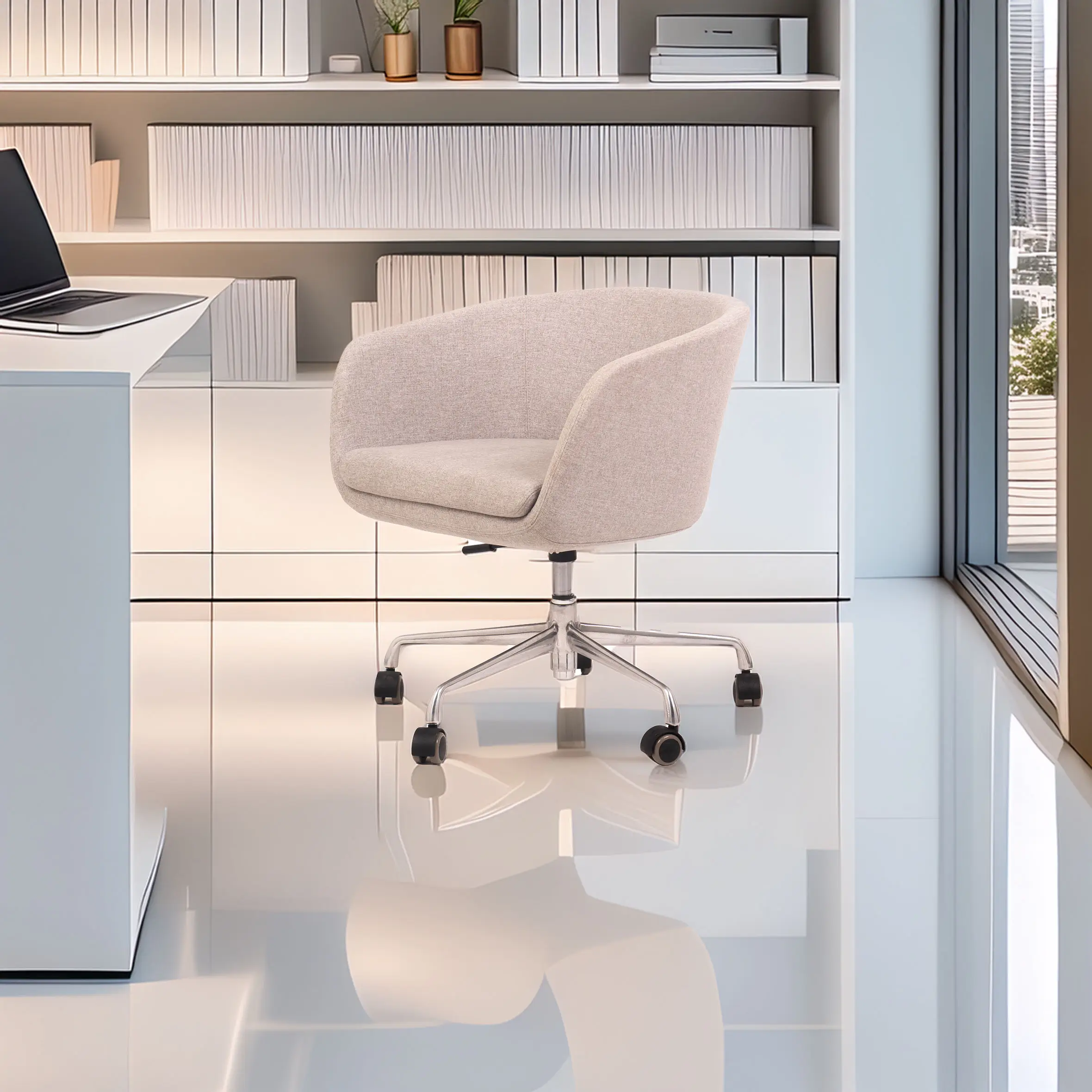 Modern office space with a plush grey swivel chair on a glossy floor. White desk with a laptop and white shelving filled with books and plants.